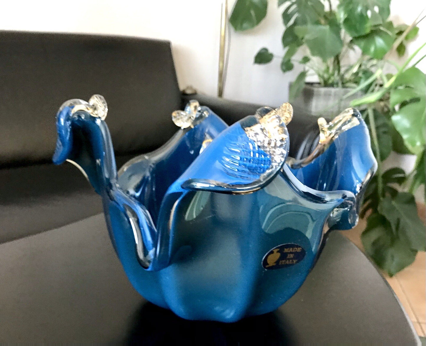 Vintage Murano Schale Vase Glas Petrol Blau metallic irisierend Edel Aufkleber