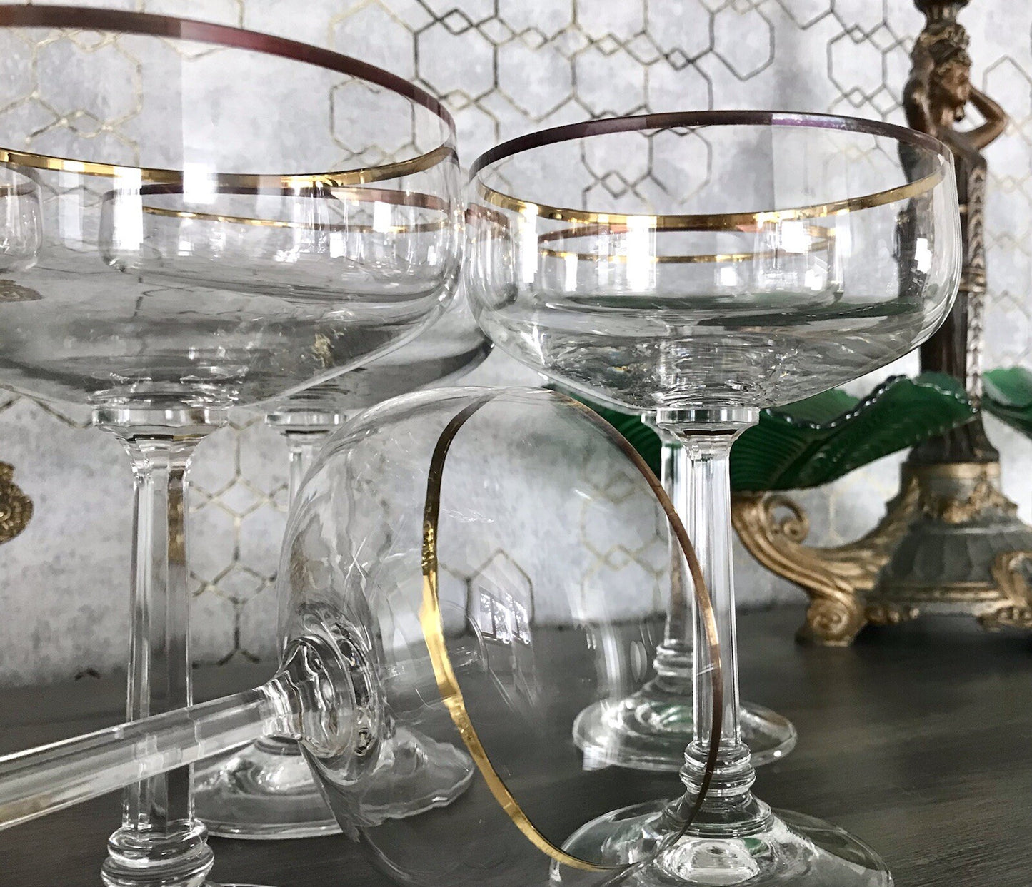 Antik? Art Déco 6 x Champagnerschalen Sekt Gläser Goldrand Lausitzer? Crystal