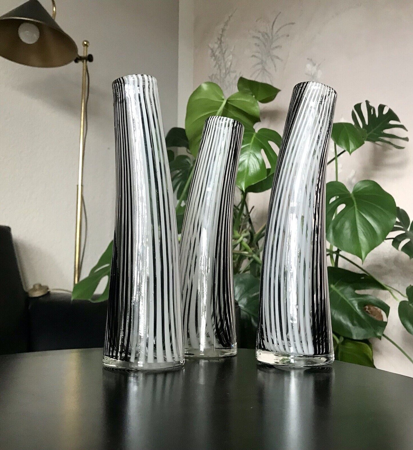 Vintage 3x Dino Martens Vase Glasvase Bianca Nero Streifen Glaskunst Murano