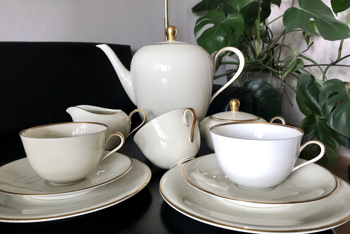 Vintage Art Déco elfenbein Porzellan Kaffeeservice Service 12 Pers. Edelstein