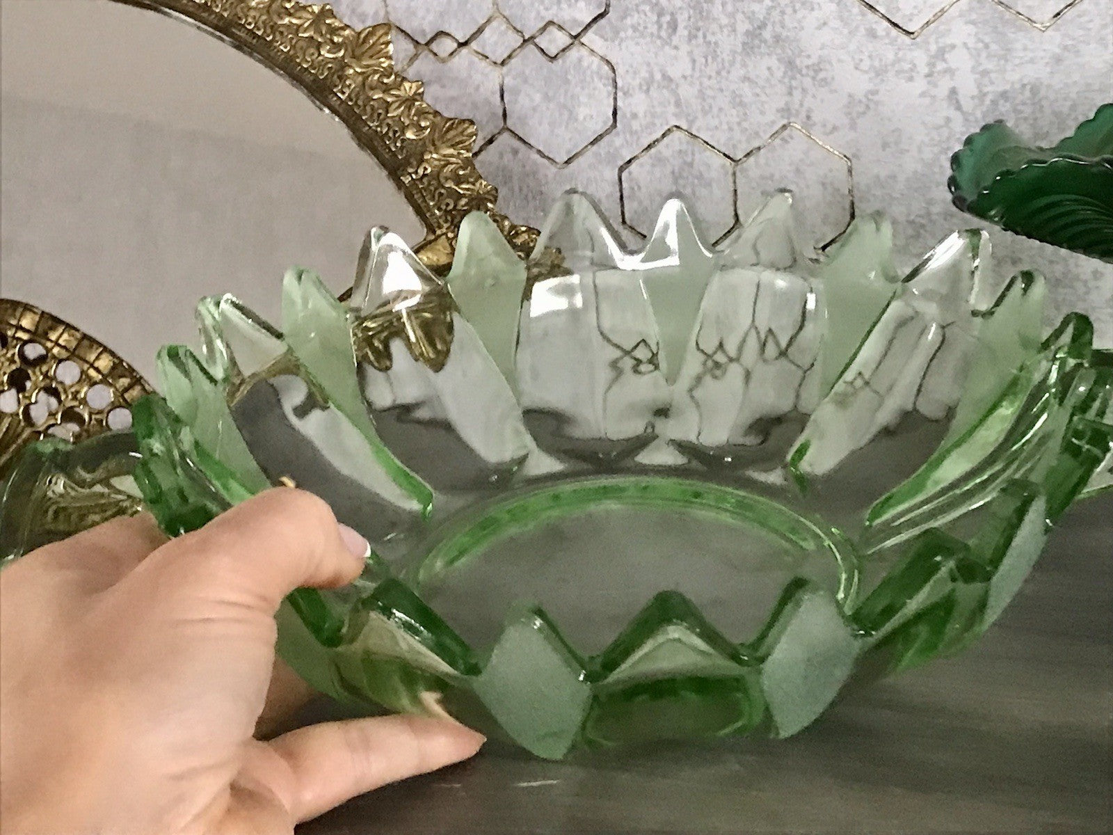 Antik Set grün Dessert Kompott Eis Schale 5x Schälchen Pressglas Art Déco Griffe