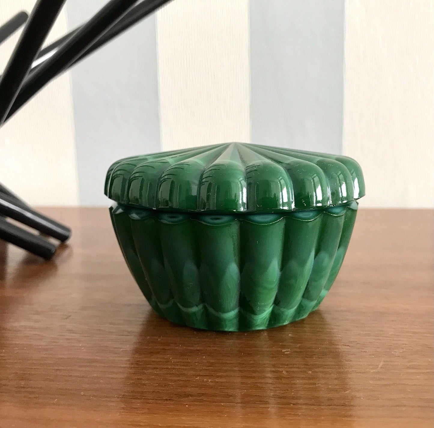 Antik Art Déco Glas Glasdose Deckeldose Glas Malachitglas Böhmen
