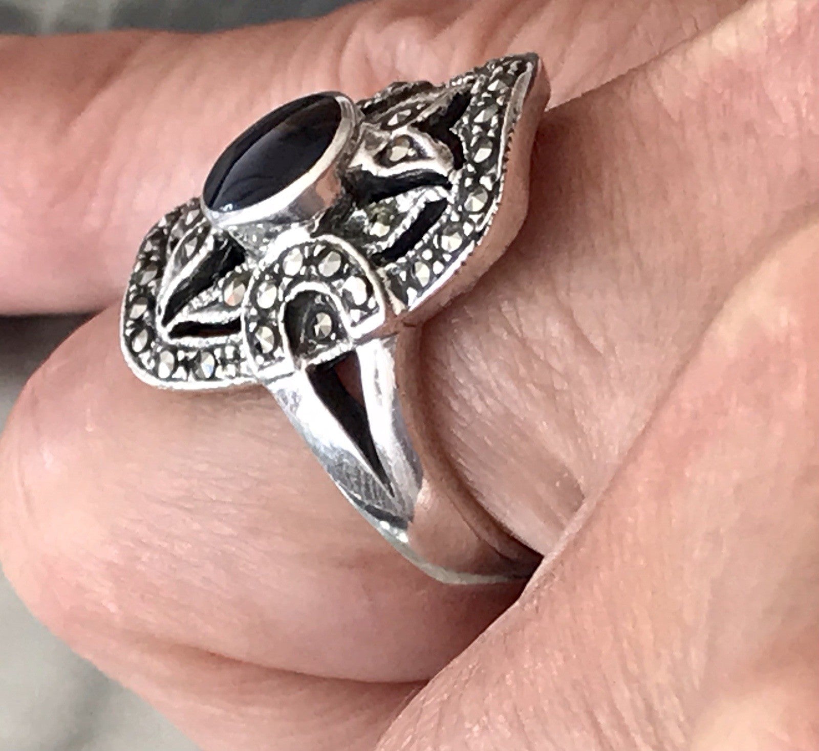 Antik Art Déco Damen Schiffchen Ring 925 Silber Gr.60 Onyx Markasite