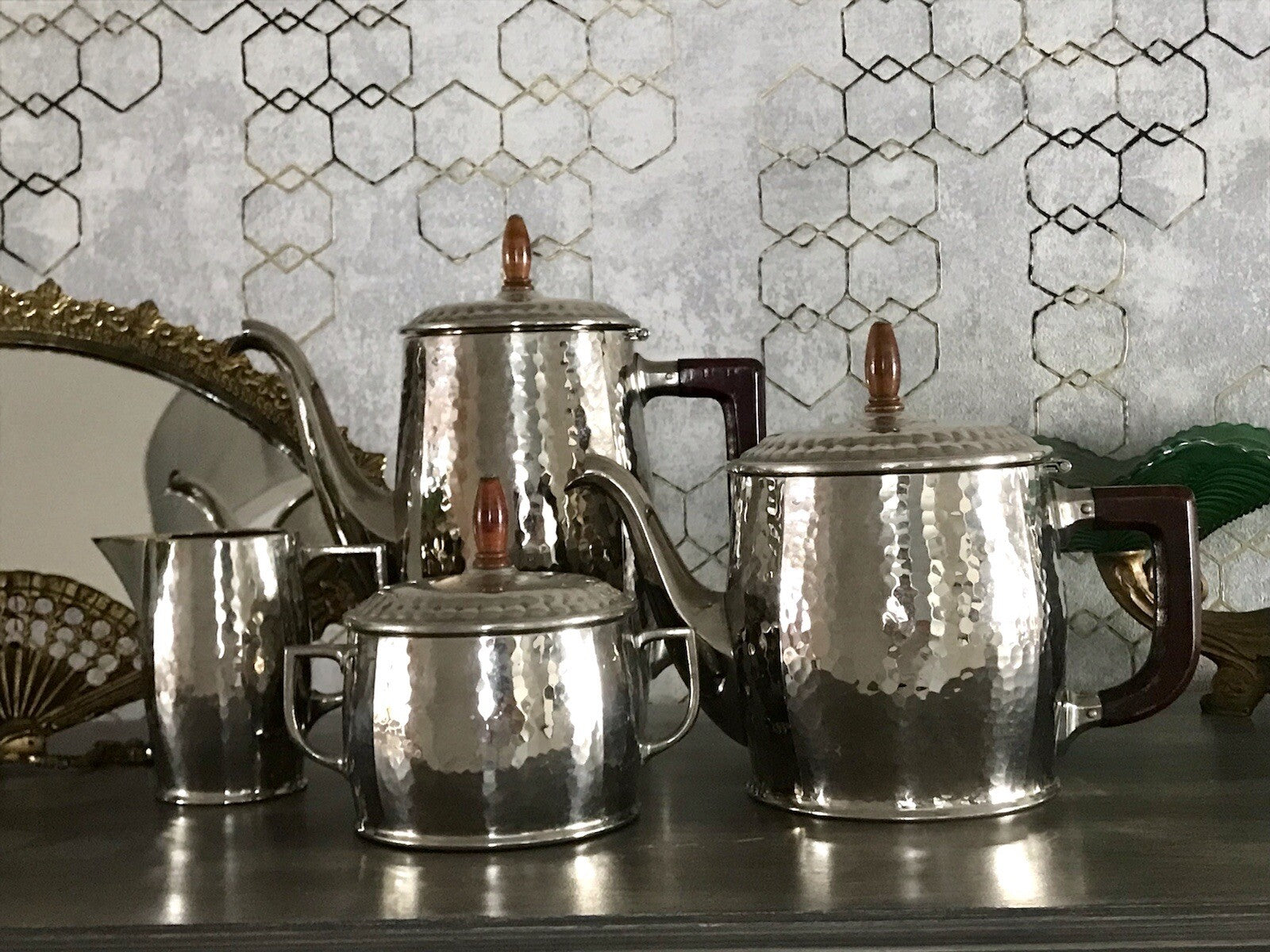 Antik WMF Jugendstil Kaffee Kernstück Zuckerdose Rahmgießer 2 Kanne Hammerschlag
