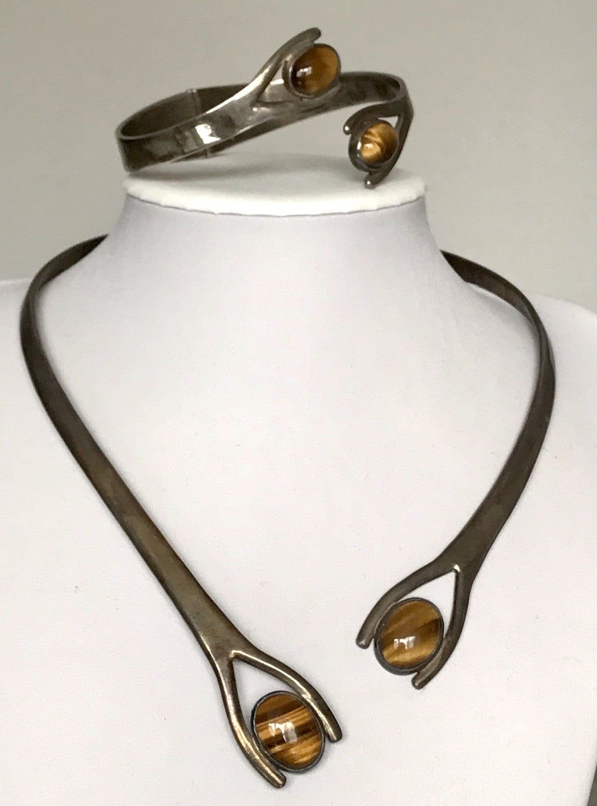 Vintage Set Halsreif Armspange Armband Collier 925 Silber Halskette Tigerauge