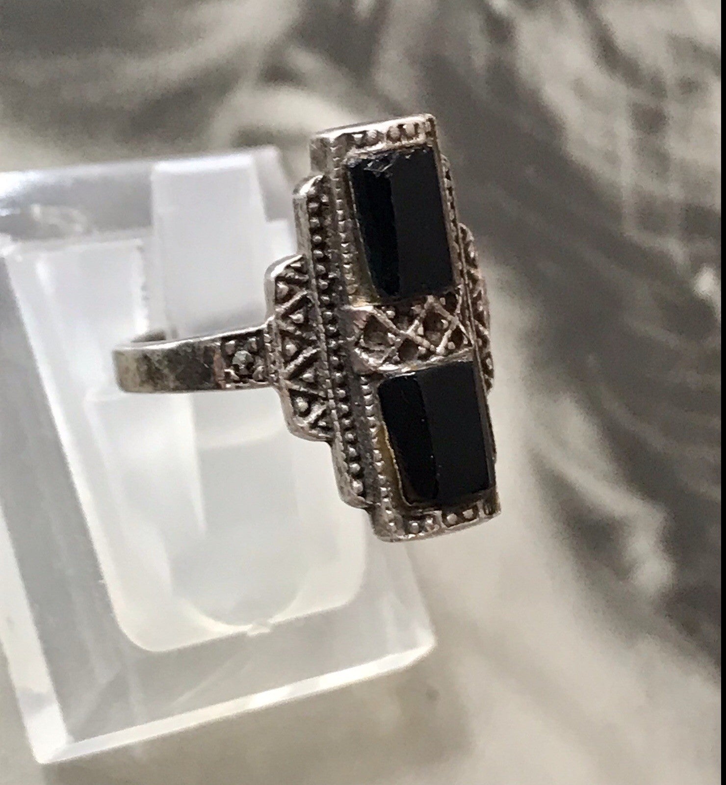 Antik Art Déco Damen Schiffchen Ring Onyx 925 Silber Gr.56 Markasite 18,1