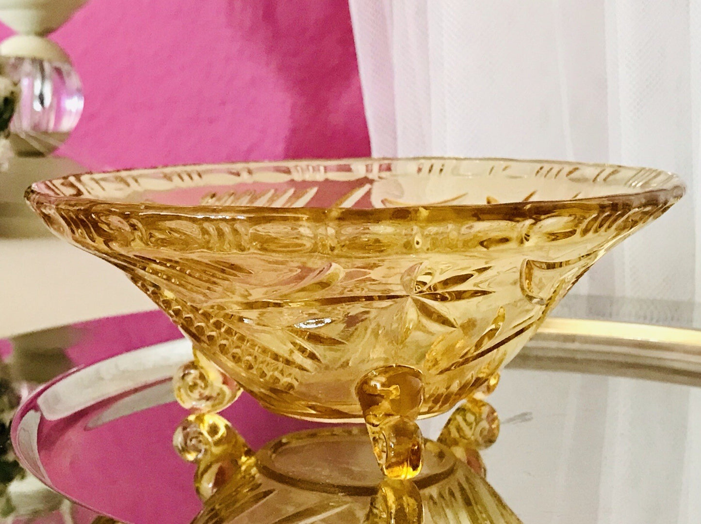 Antik gelb Art Déco Schale Pressglas Glasschale 3füßig So Schön!