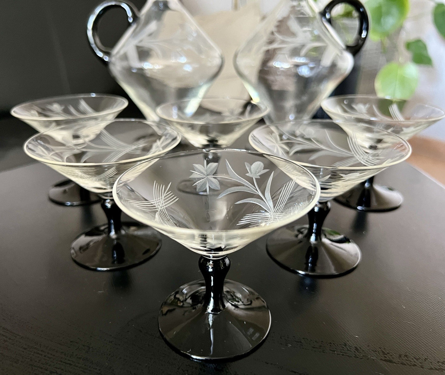 Antik Art Déco Likör 2x Karaffe & 6 Gläser Likörschalen Glas schwarz Stiel