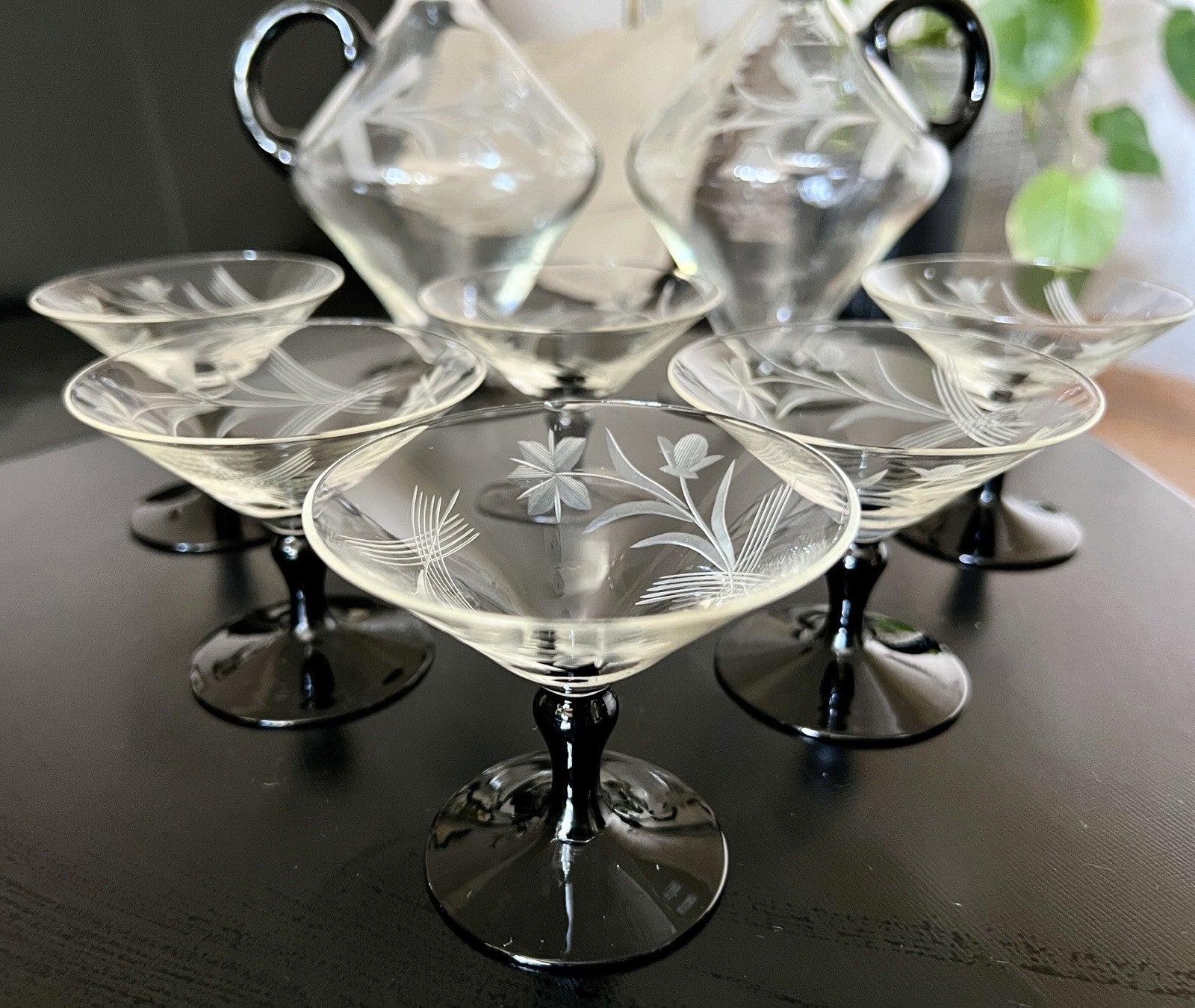 Antik Art Déco Likör 2x Karaffe & 6 Gläser Likörschalen Glas schwarz Stiel