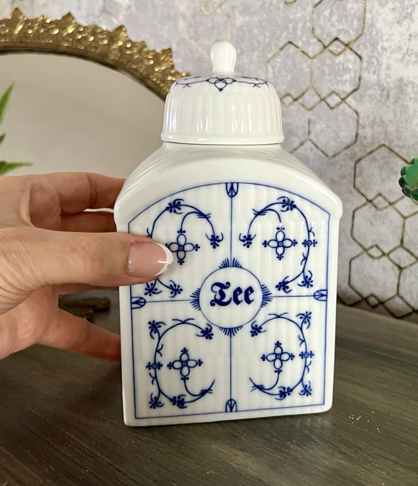 Vintage älter 1 Porzellan Teedose indisch blau weiß Rauderfehn Frerich Kramer