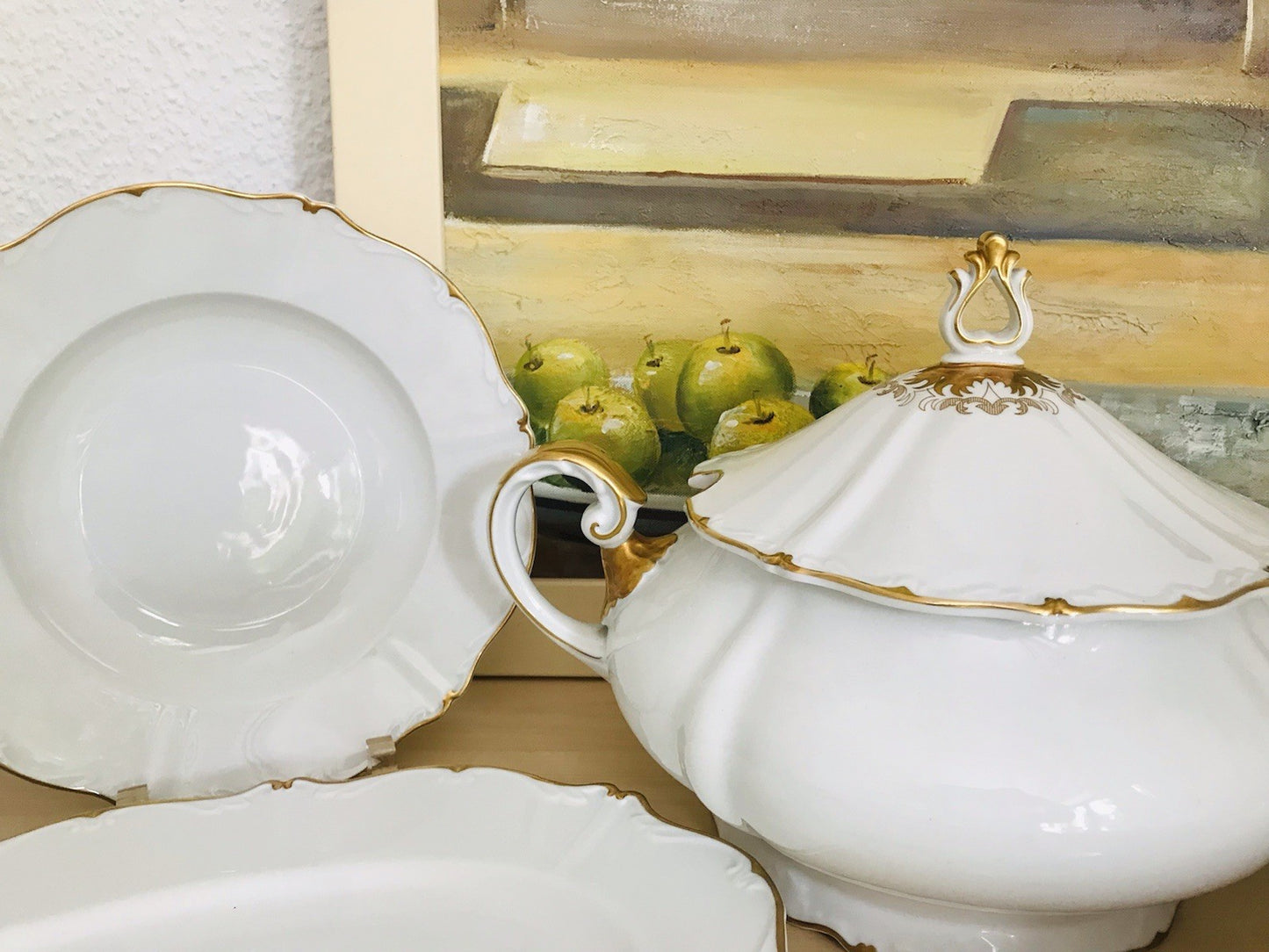 Antik Art Déco Porzellan Tafelservice Carstens Sorau weiß goldene Ranke EDEL