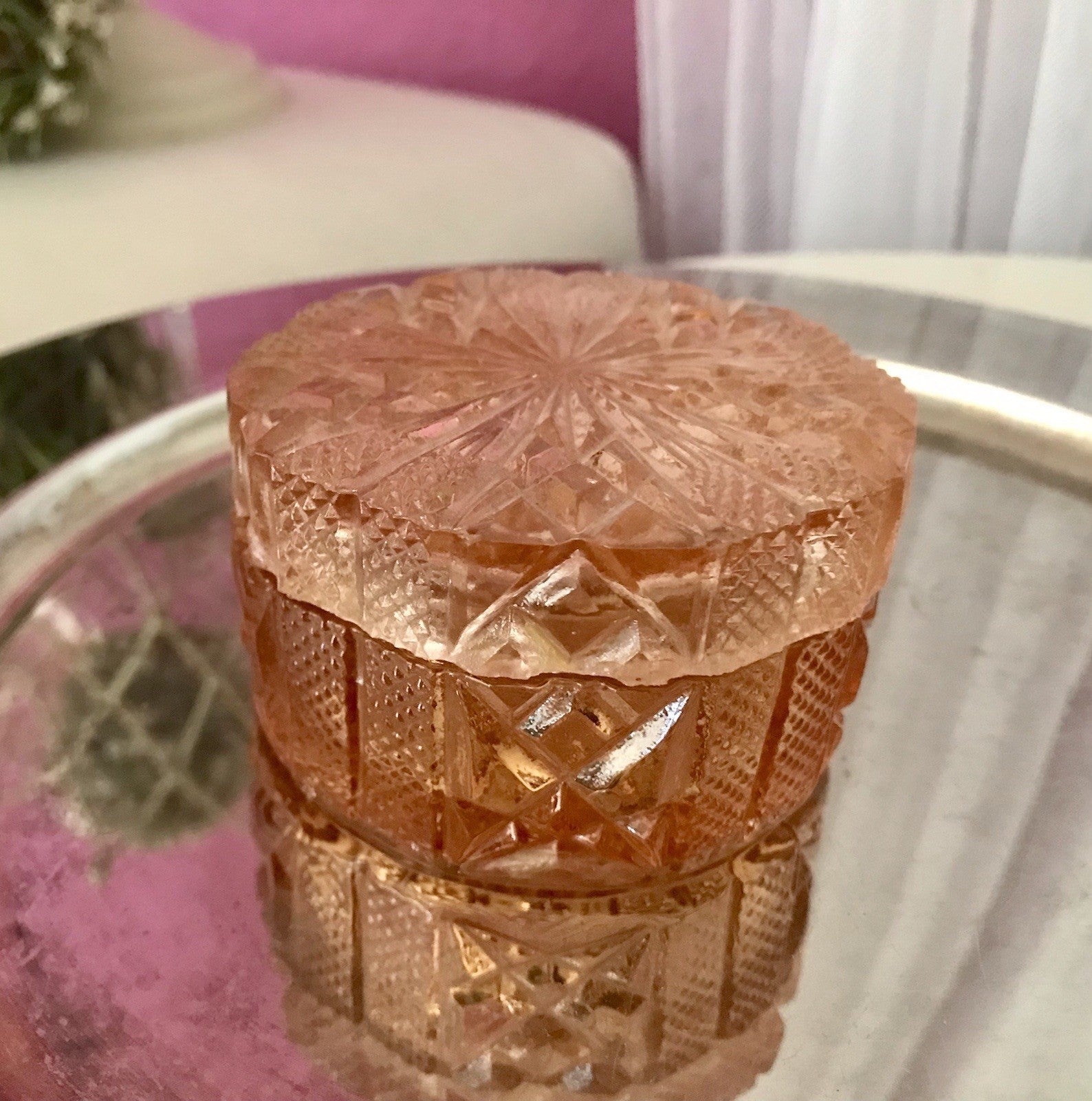Antik Art Déco Dose Deckeldose Zierdose Pressglas Rosalin rosa Glas