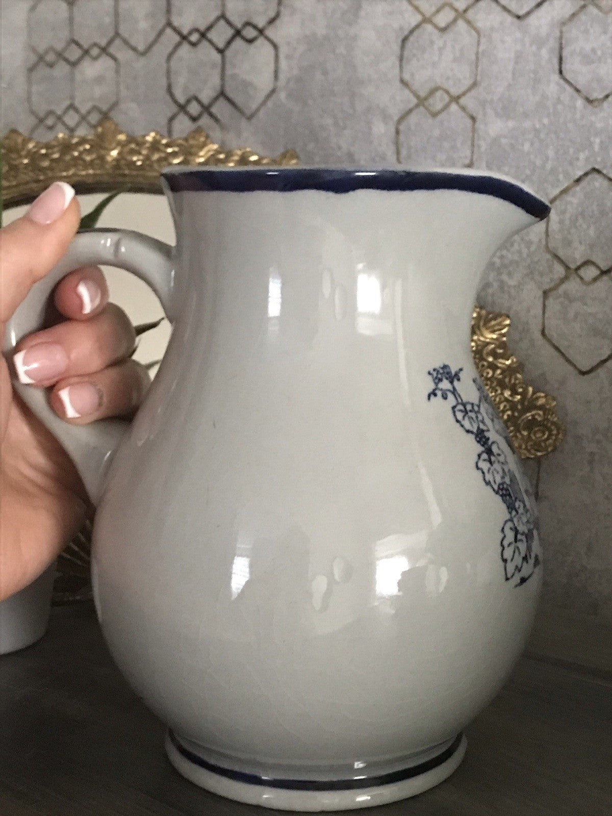 Antik Vintage alt Schankkrug Keramik Steinzeug Weinkrug Kanne grau blau Weinlese