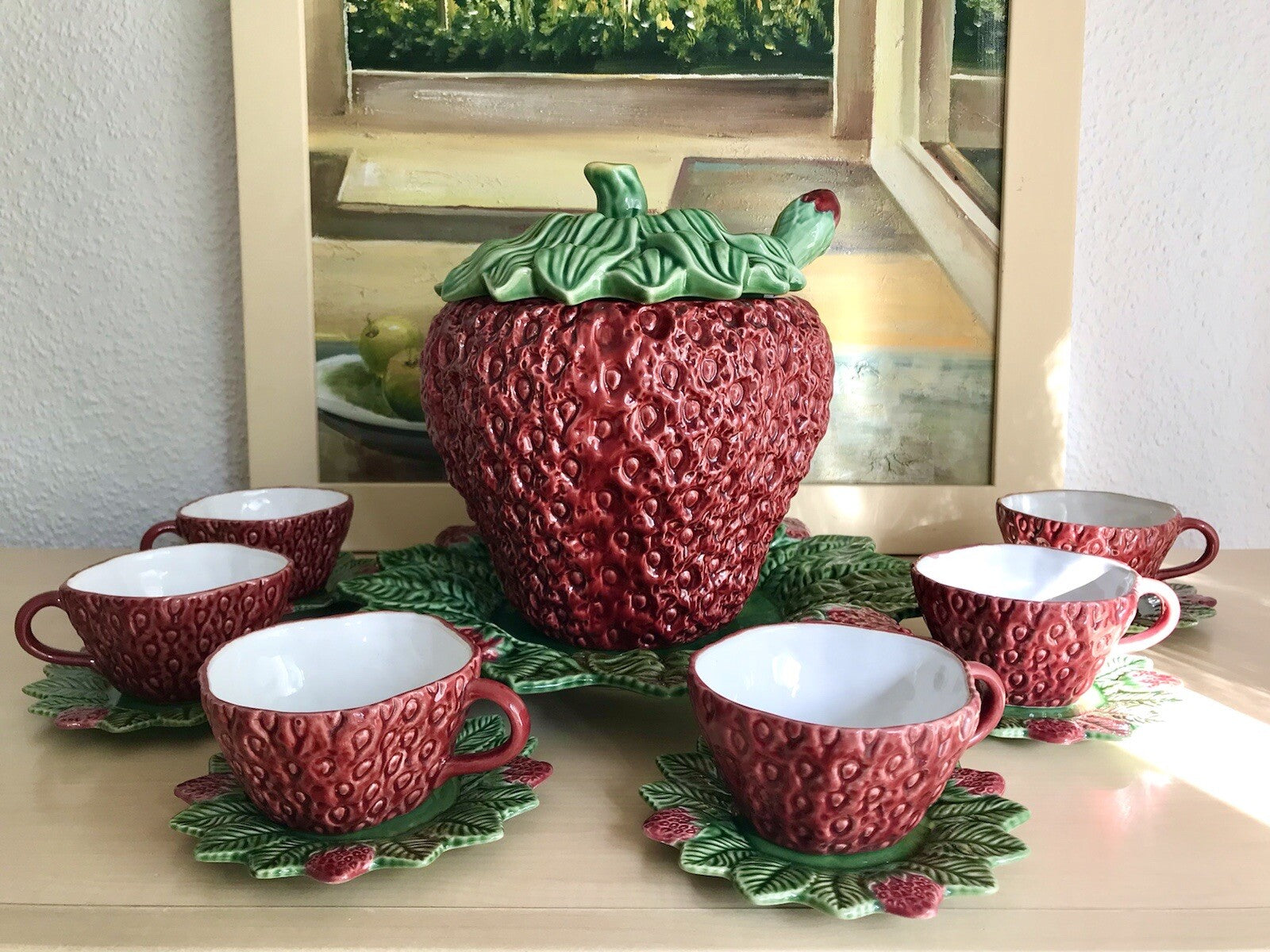 Vintage alt Majolika Keramik Bowle Set Topf 6 Tassen grün rot Erdbeere Pinhero
