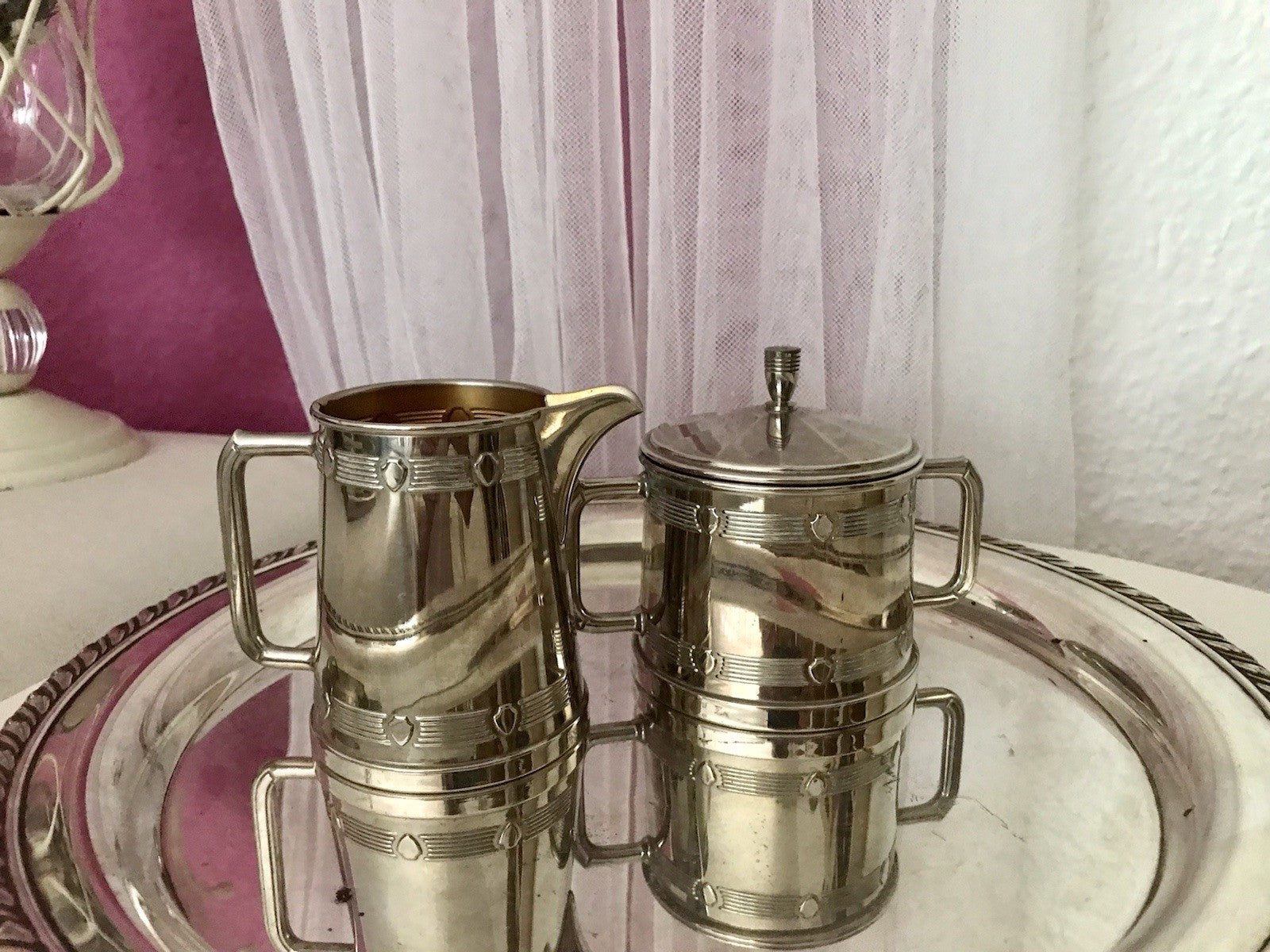 Antik Jugendstil Art Déco Kaffee Kernstück Zuckerdose Rahmgießer verchromt? 2tlg