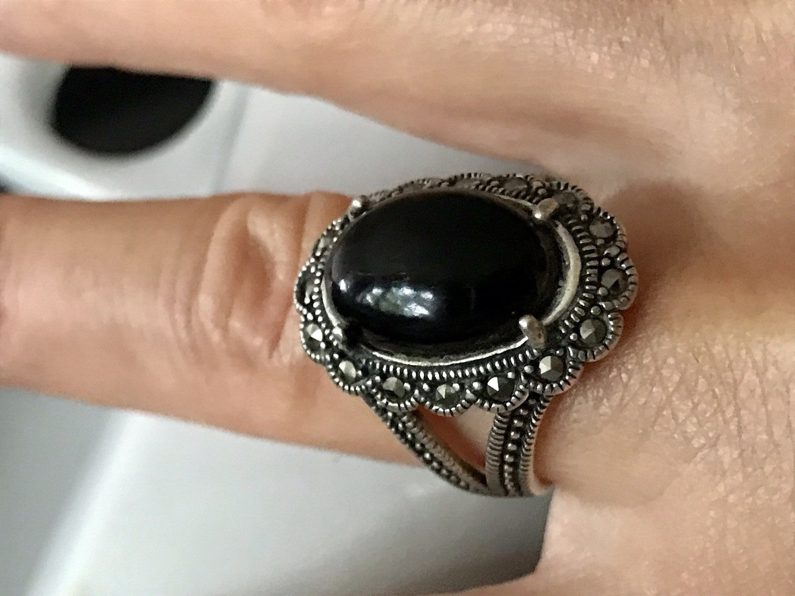 Antik? alt Art Déco Edel Onyx Markasite DAMEN RING Silber 925 Gr.57 18,1