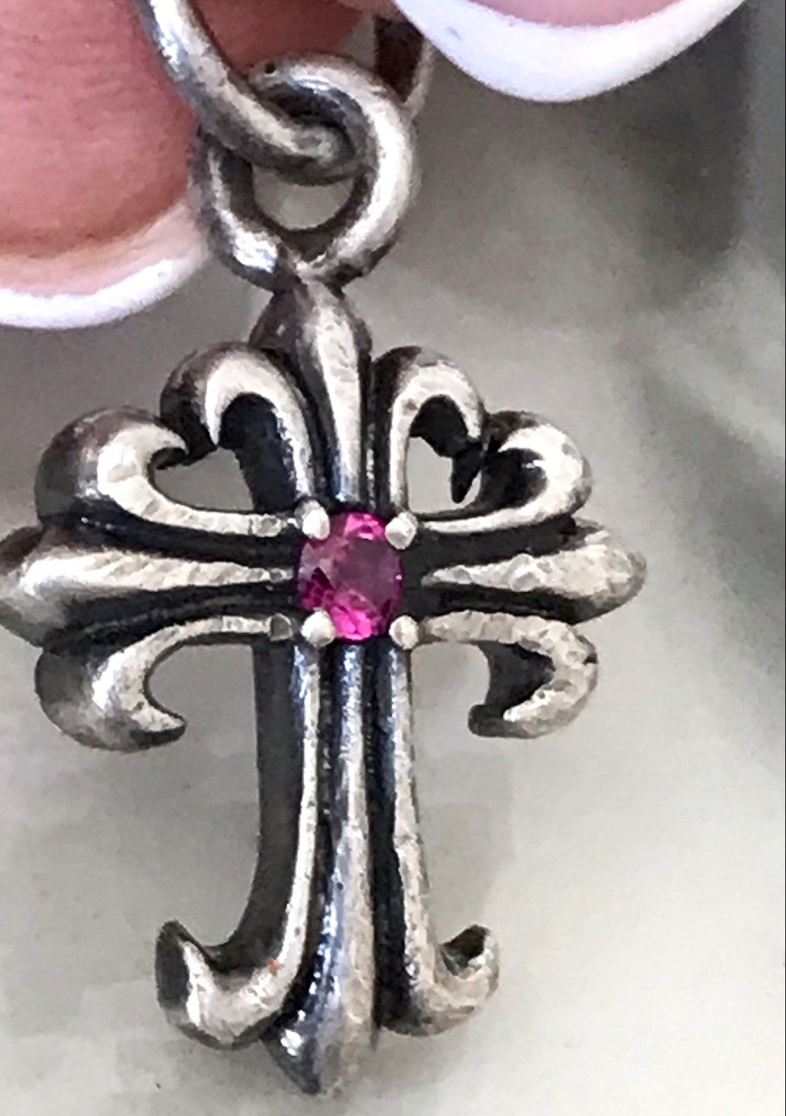 Antik alt 925 Silber Kreuz Anhänger Kettenanhänger rubinroter Stein