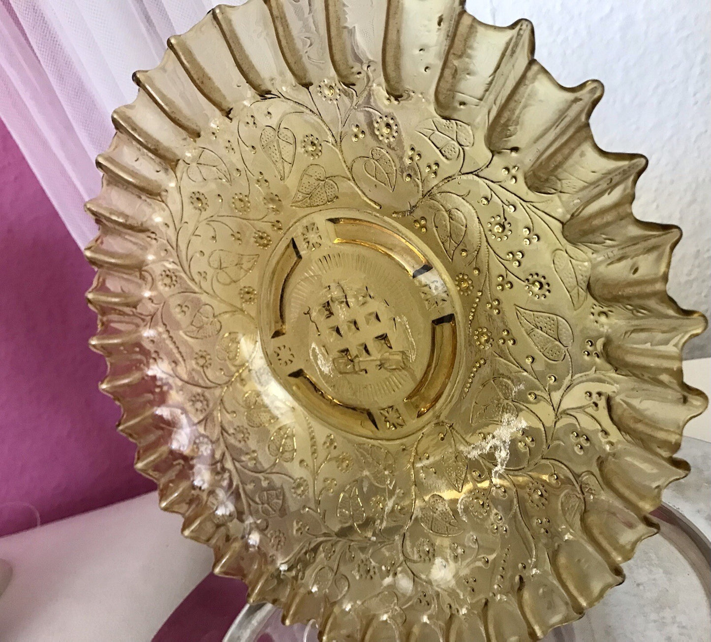Antik Jugendstil Serviettenrand Pressglas Schale Glas Fenne Ewald Gelb Selten!