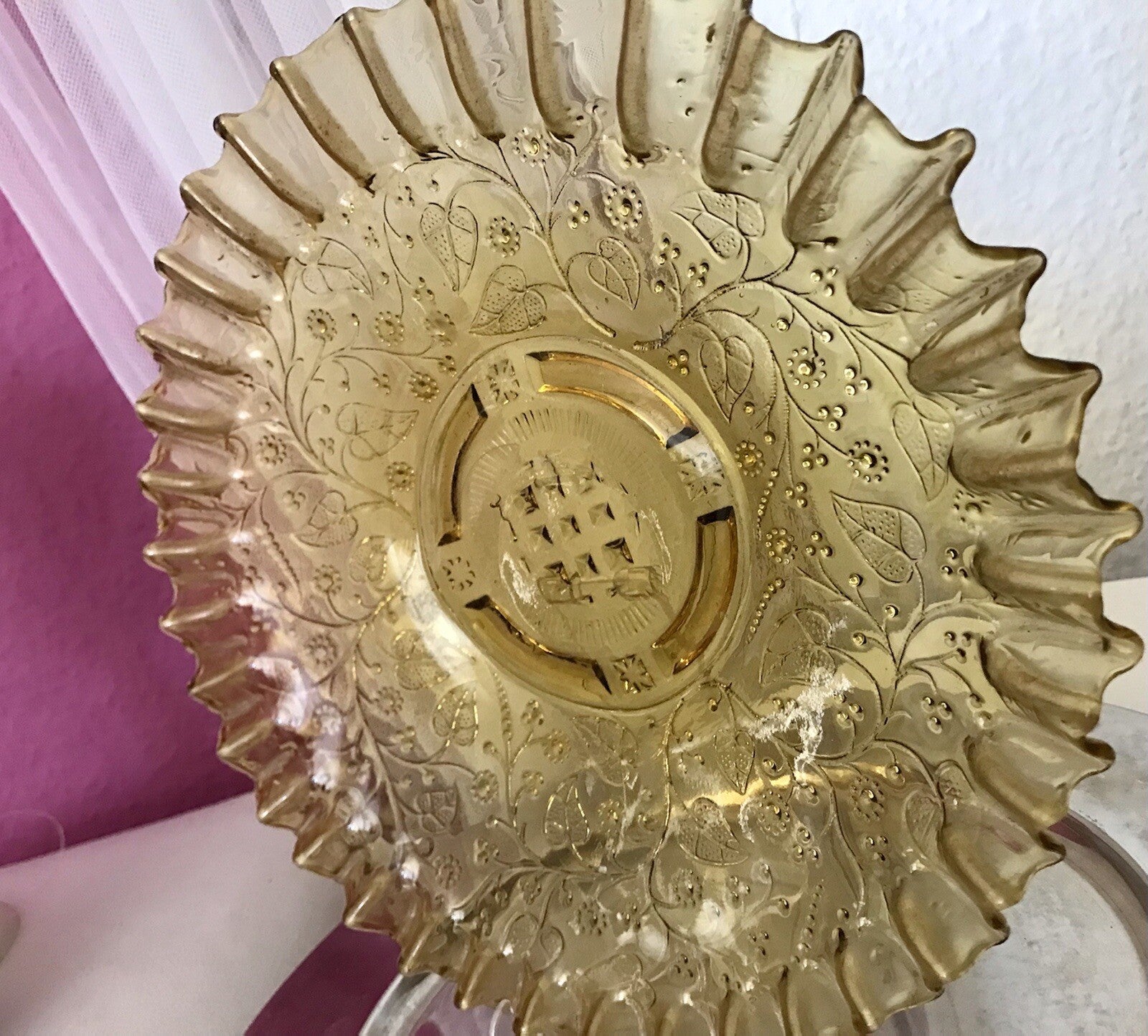 Antik Jugendstil Serviettenrand Pressglas Schale Glas Fenne Ewald Gelb Selten!