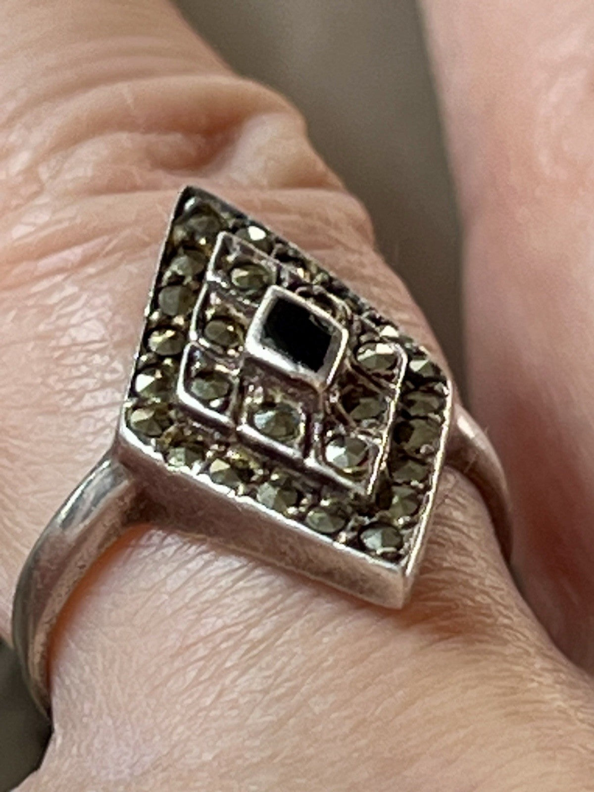 Antik Art Déco Edel Onyx Markasite DAMEN RING Silber 925 Gr.55