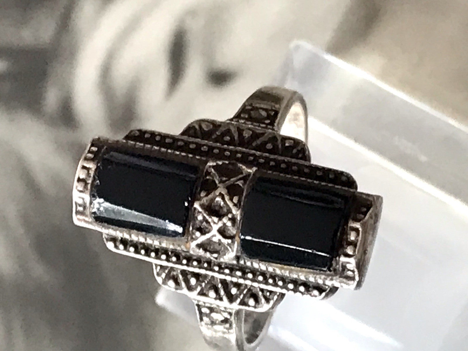 Antik Art Déco Damen Schiffchen Ring Onyx 925 Silber Gr.56 Markasite 18,1