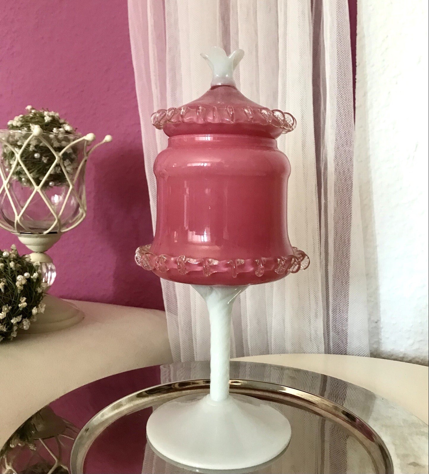 Vintage 60er Empoli Fußschale Schale Bonboniere rosa weiß Deckelvase Designer
