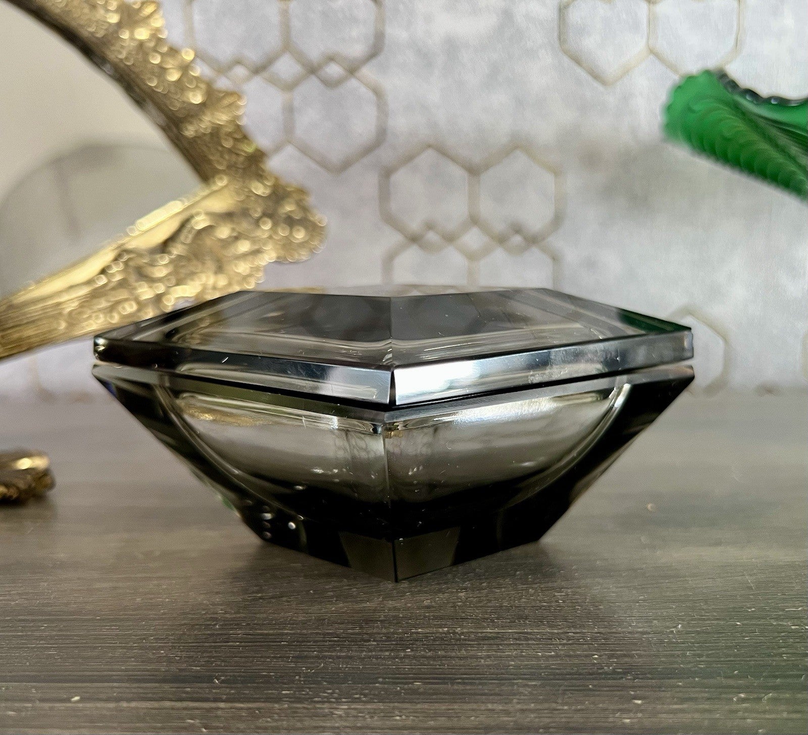EDEL Art Déco antik Glasdose Kristallglas Frisiertisch Dose grau Schliff
