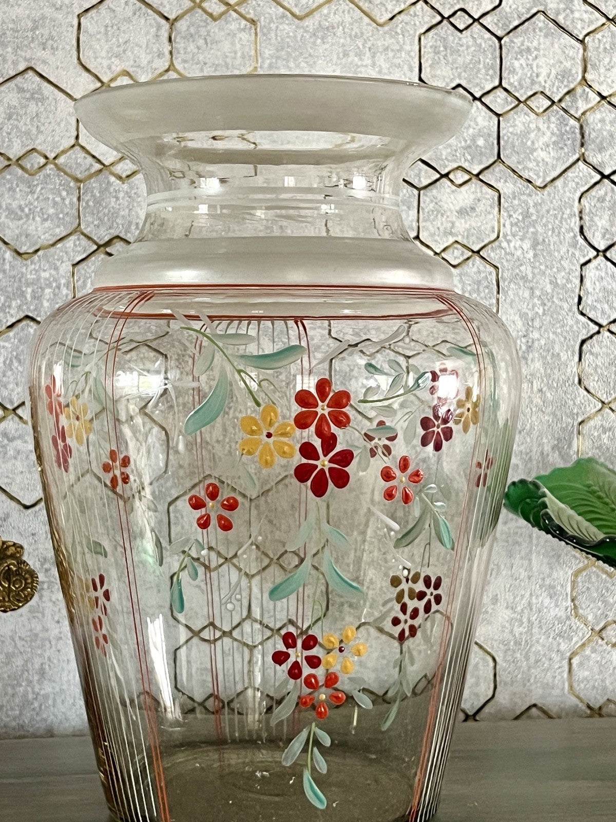 Antik GROẞ Vase Glasvase Art Déco teils satiniert bunte Malerei markant 1930er
