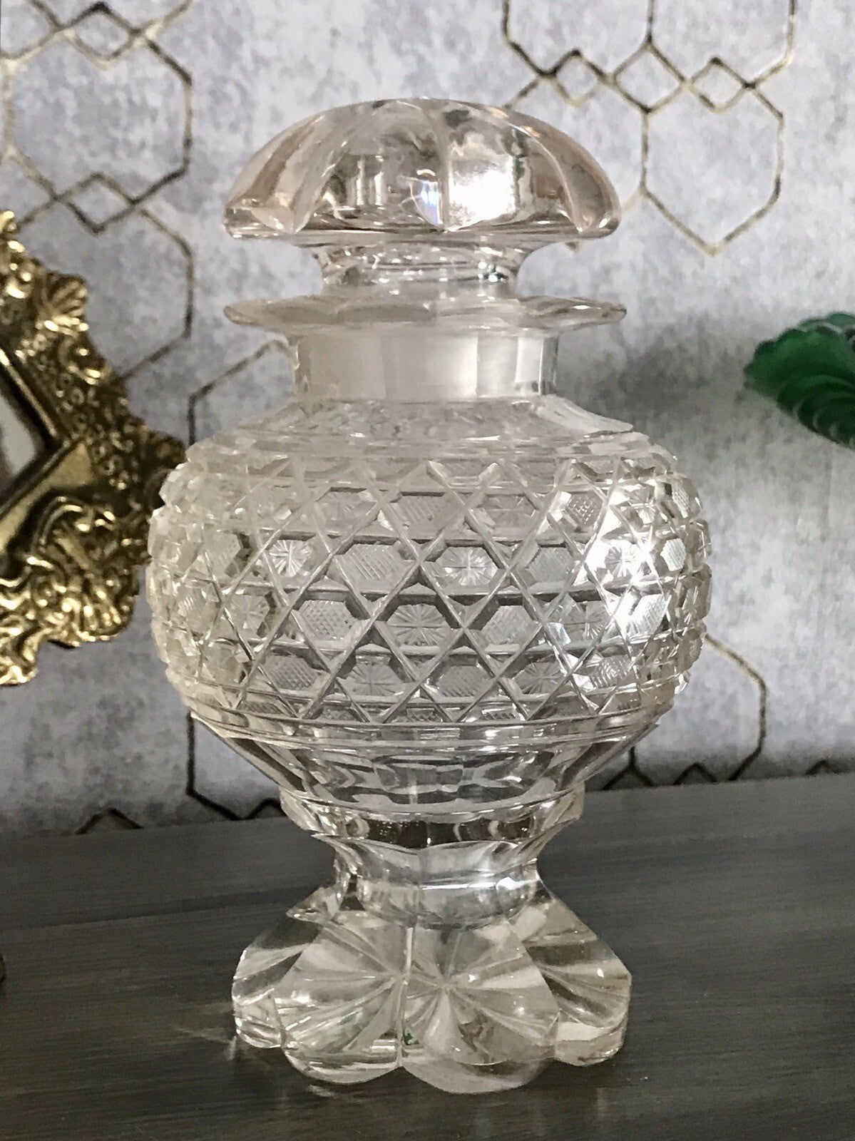 Antik uralt ~1850 Glasdose Schale m. Fuß Bonboniere Kristallglas Schliff Schnitt