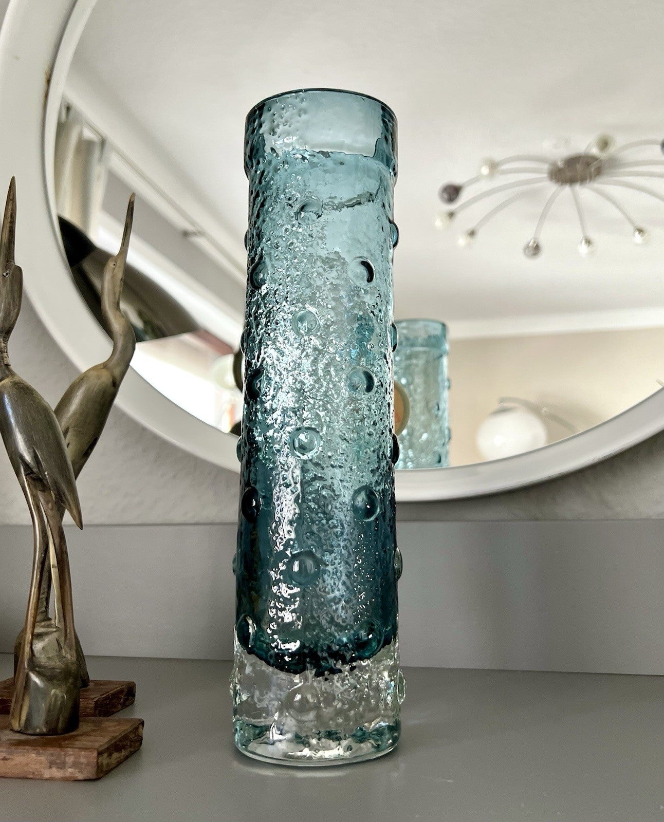 Vintage 60er Riihimäki Lasi Designer Glasvase Vase Glas graublau Finnland Rauch