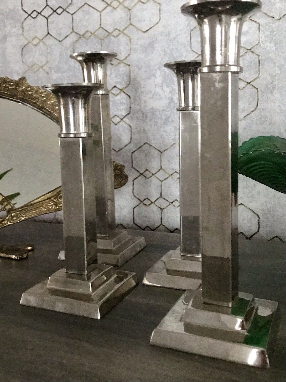 4 Kerzenleuchter Kerzenständer Leuchter Art Déco Stil versilbert? kantig