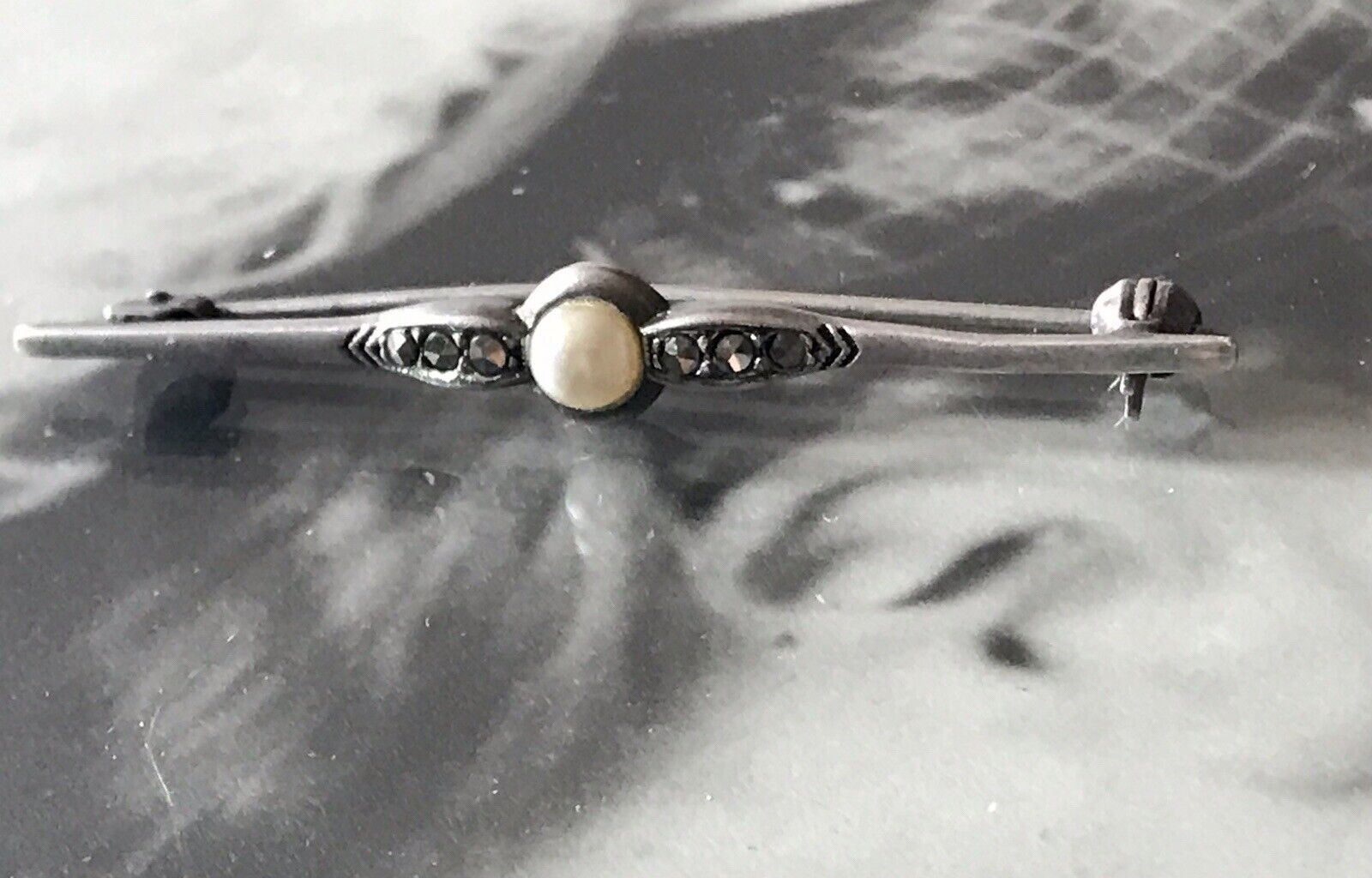 Antik Art Déco Edel Stabbrosche 835 Silber Brosche Markasiten Perle So Schön!