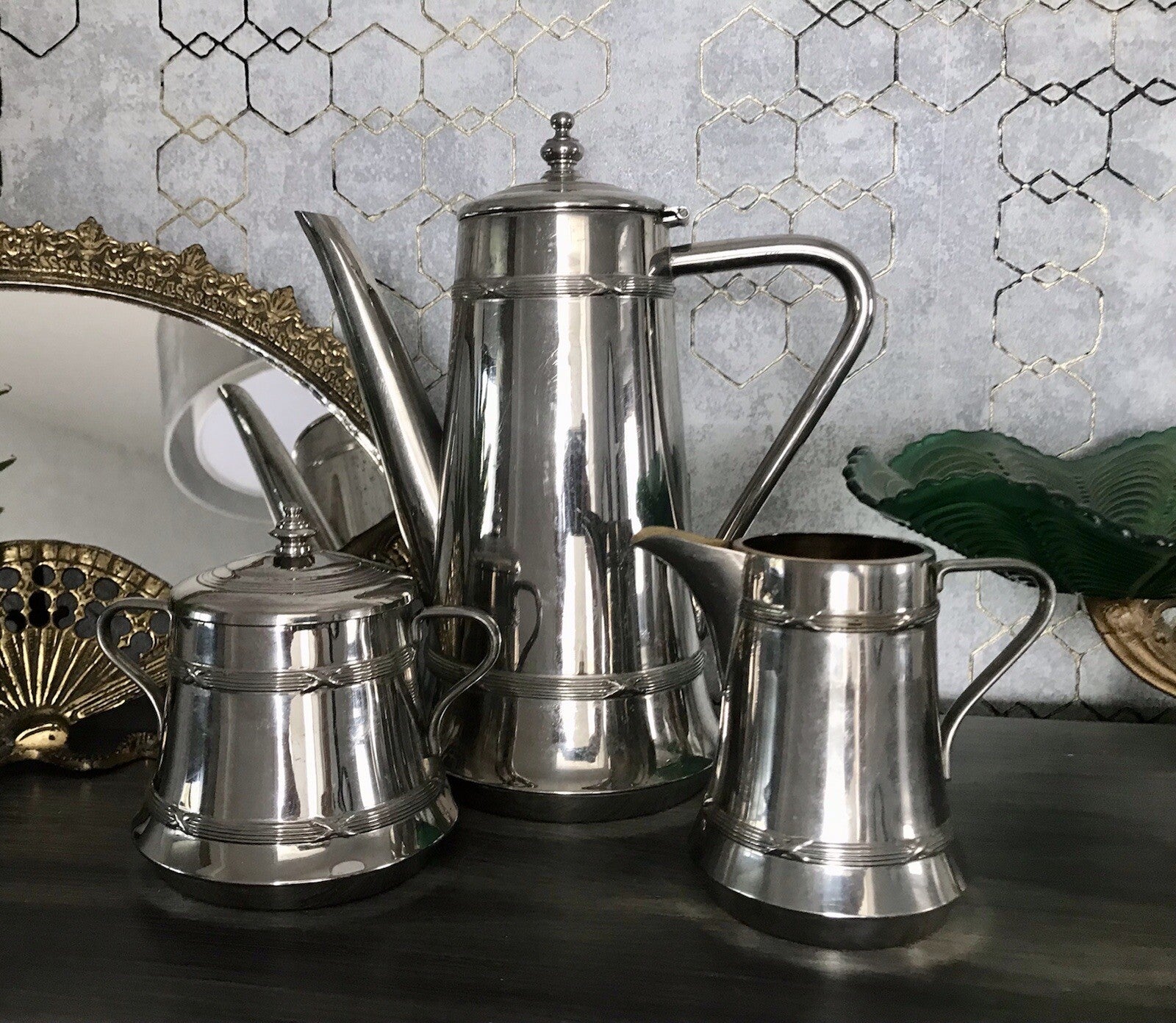 Antik Jugendstil Kaffee Kernstück Zuckerdose Rahmgießer Kanne vernickelt?