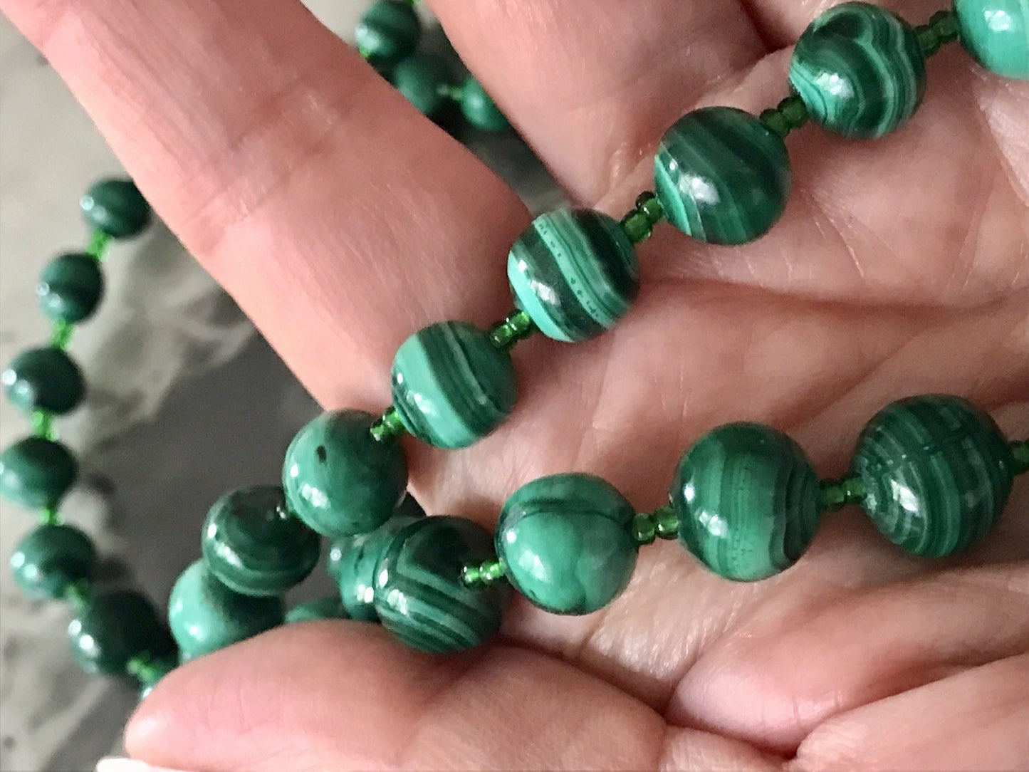 Alt Edel Vintage Halskette Kette Malachite grün Sehr Schön Retro