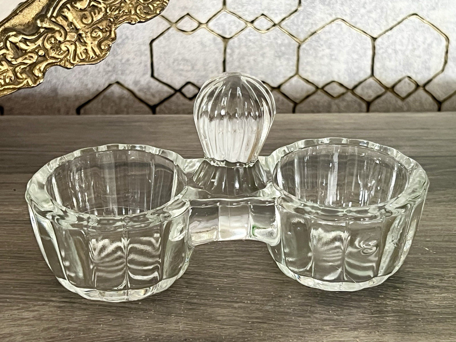 Antik Art Déco Pressglas Salz & Pfeffer Menage Saliere Gewürzständer Glas