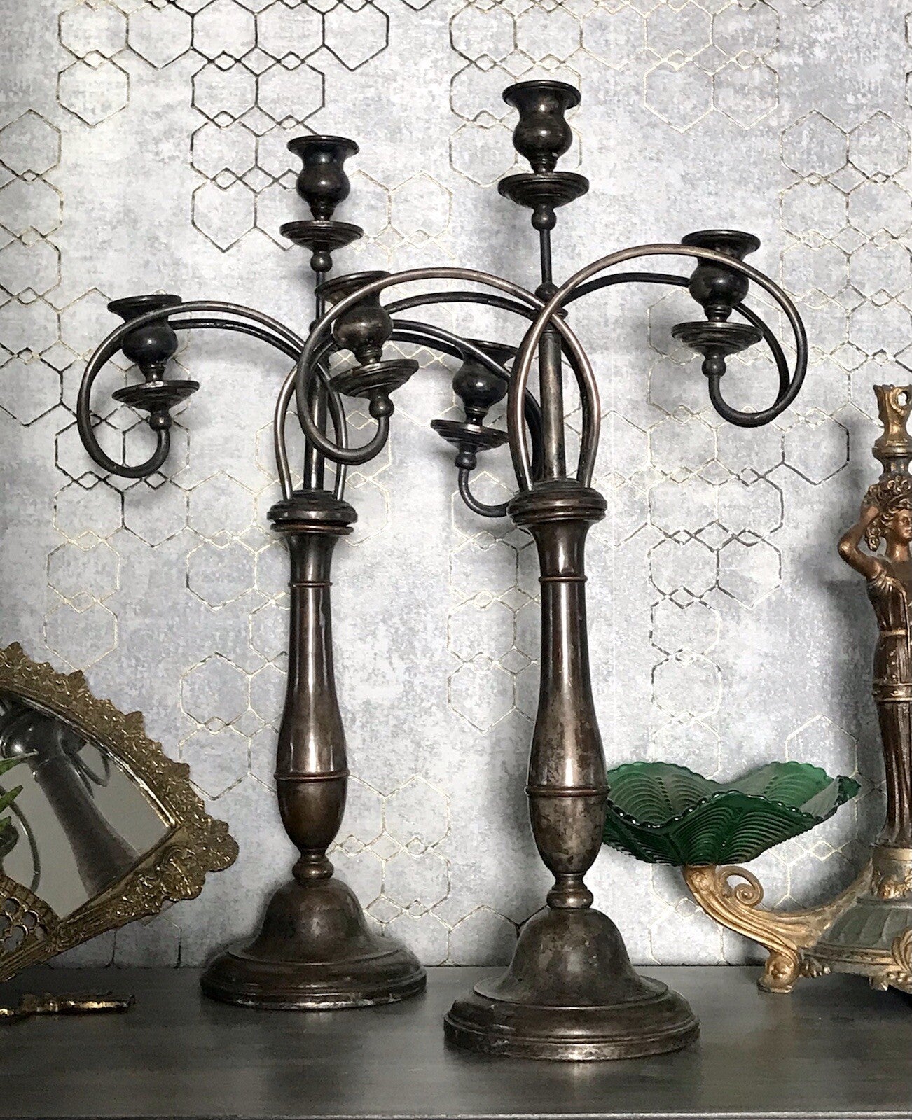Antik 2 Jugendstil ehemals versilbert Kandelaber Kerzenständer Leuchter ~1890
