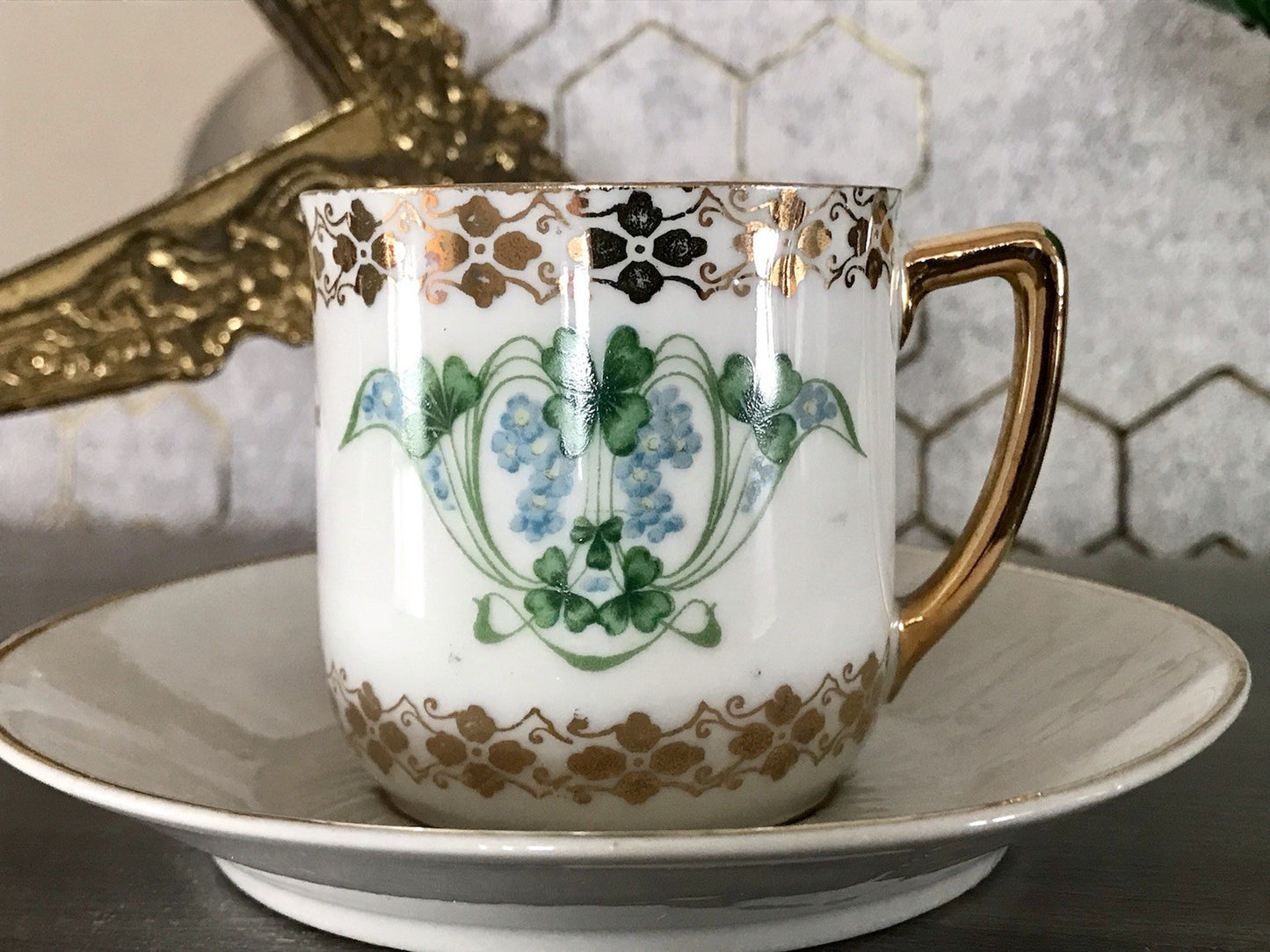 Antik Jugendstil Porzellan Andenken Gedeck Sammeltasse Tasse Geburtstag Spruch