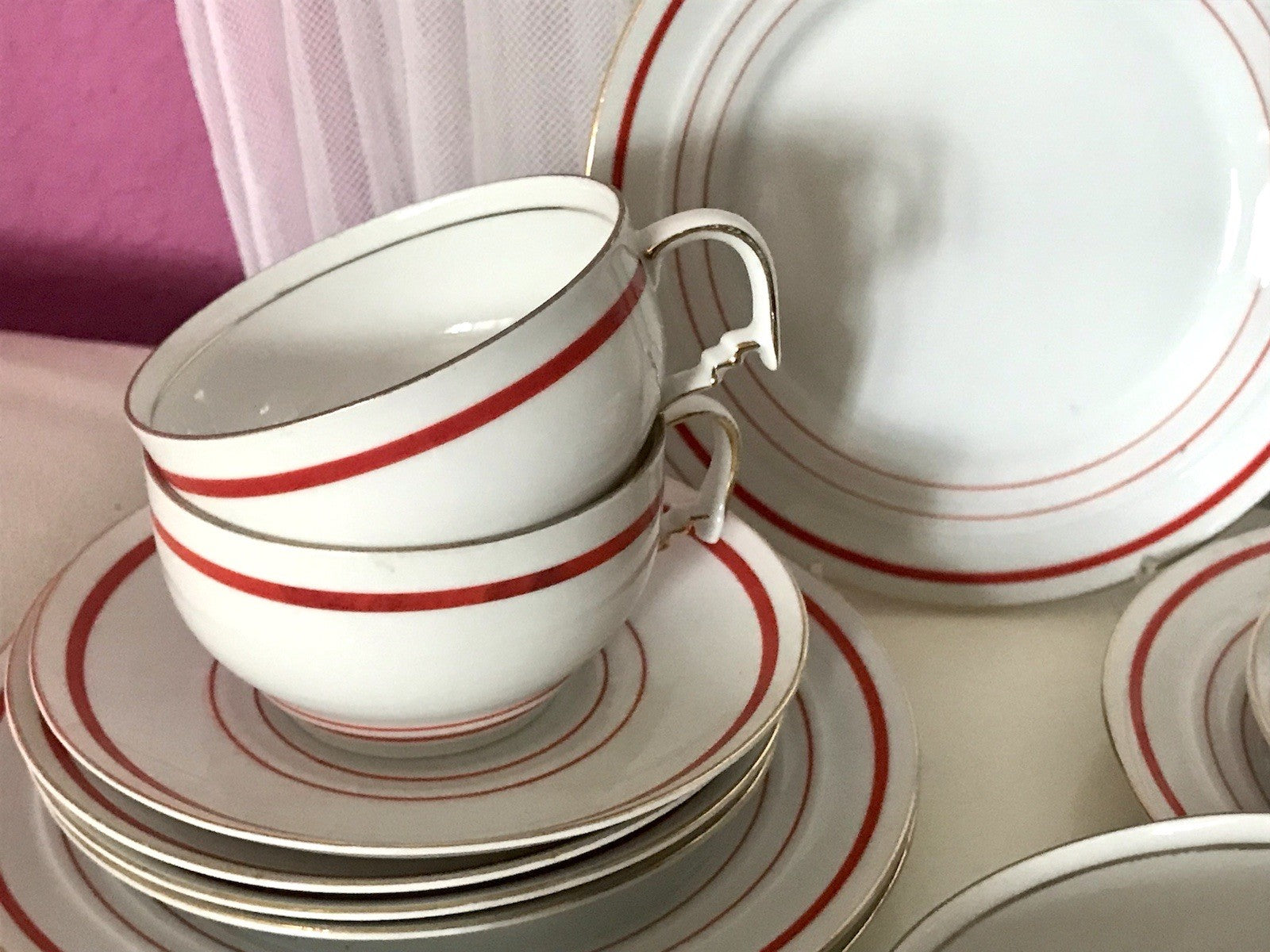Antik Art Déco Porzellan Kaffeeservice weiß rot orange gemarkt deutsch Bauhaus