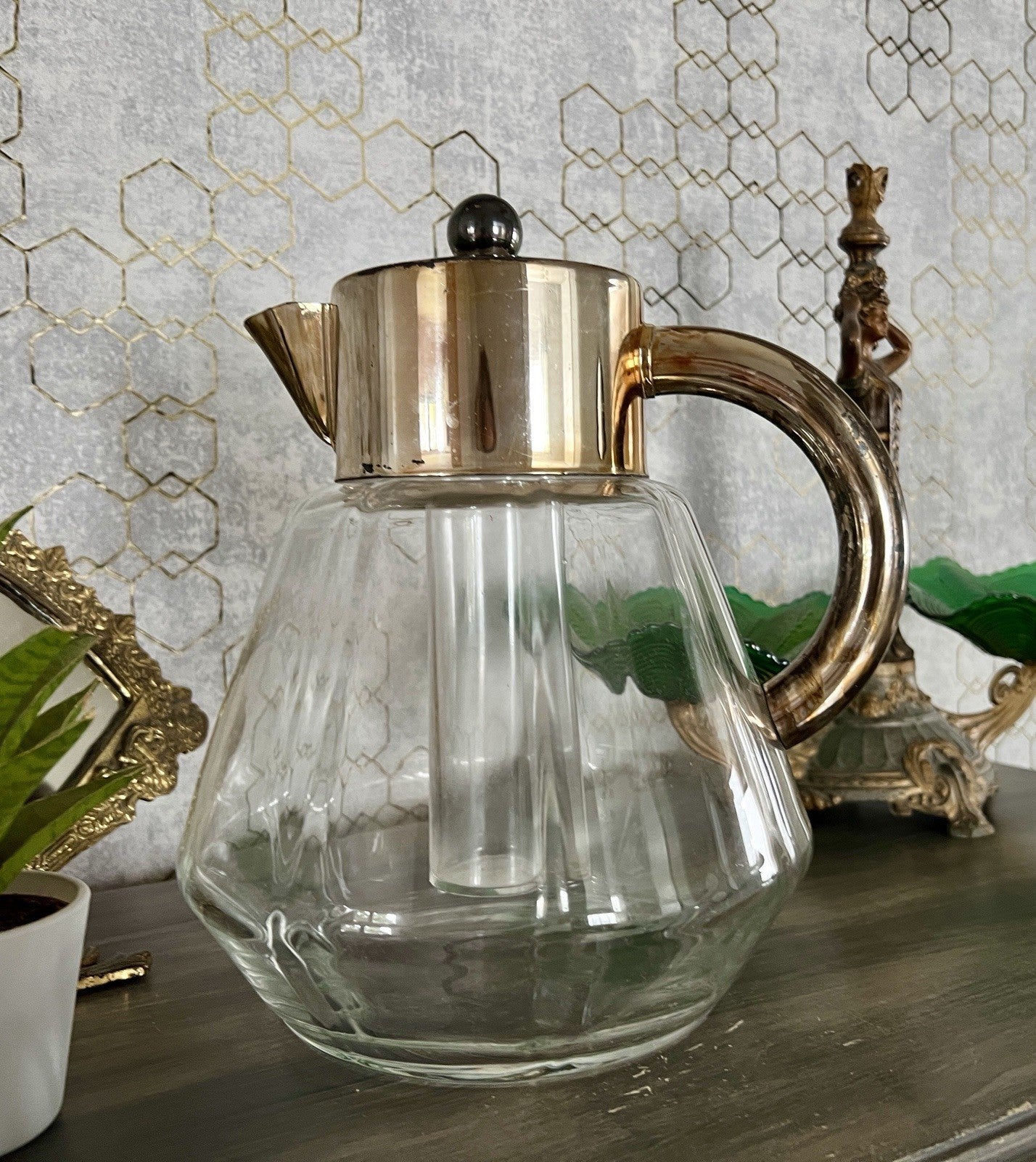 Antik Art Dèco DRGM Karaffe Kalte Ente  Glas optisch gerippt versilberte Montur