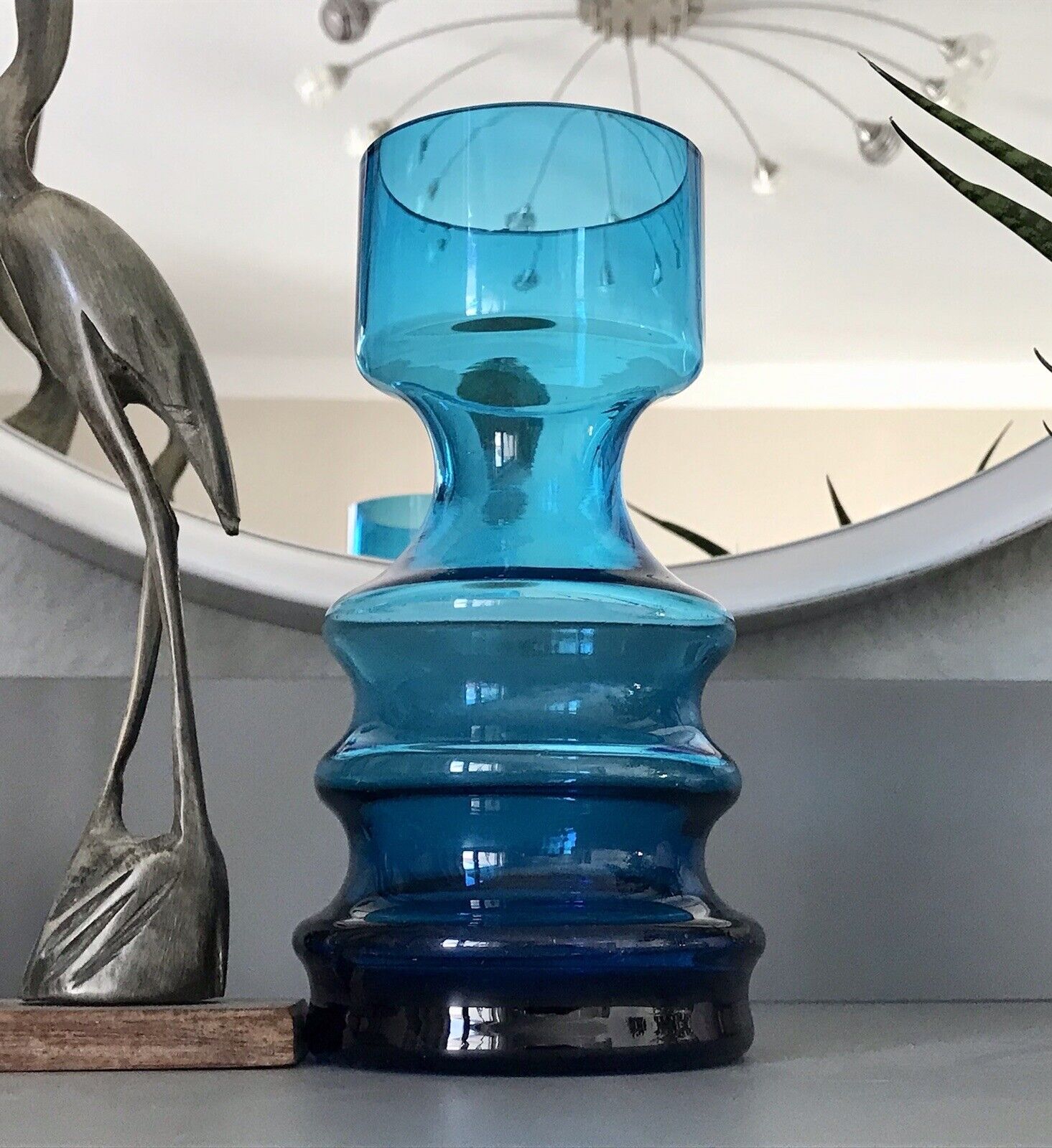 Vintage MCM 60er 70er Jahre blau Glas Kerzenständer Vase  Blumenvase  Glasvase