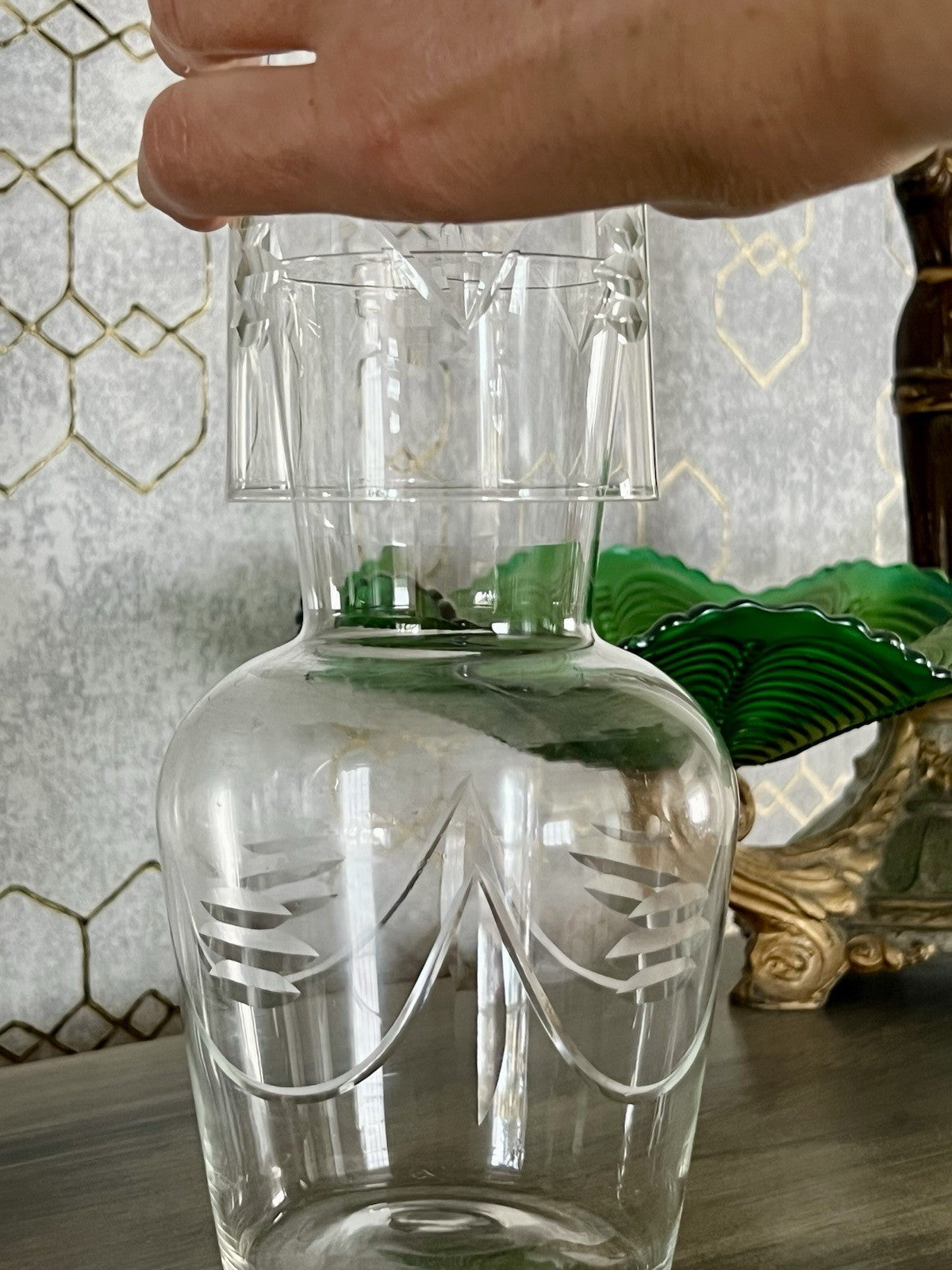Antik Art Deco Sturzflasche Karaffe Dekanter & Becher Glas geschliffen