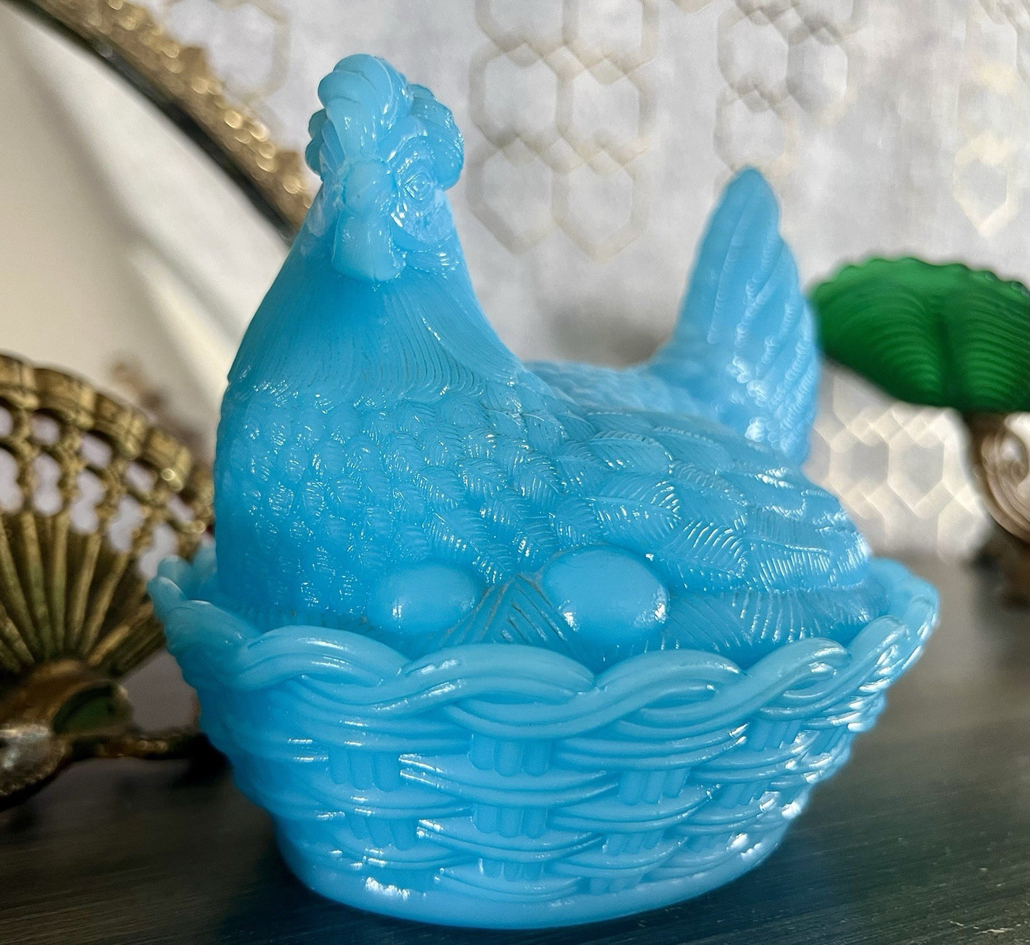 Antik Jugendstil Glasdose Dose Opalglas Deckeldose Pressglas Henne Blau