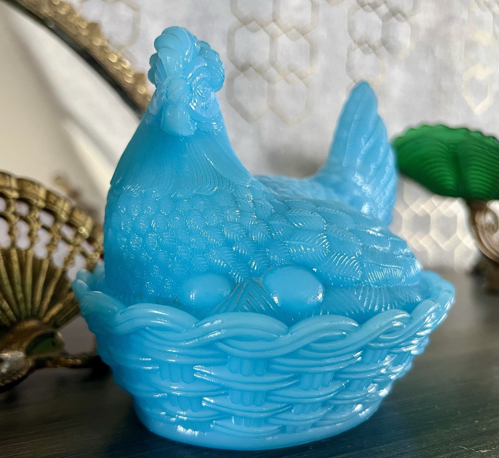 Antik Jugendstil Glasdose Dose Opalglas Deckeldose Pressglas Henne Blau