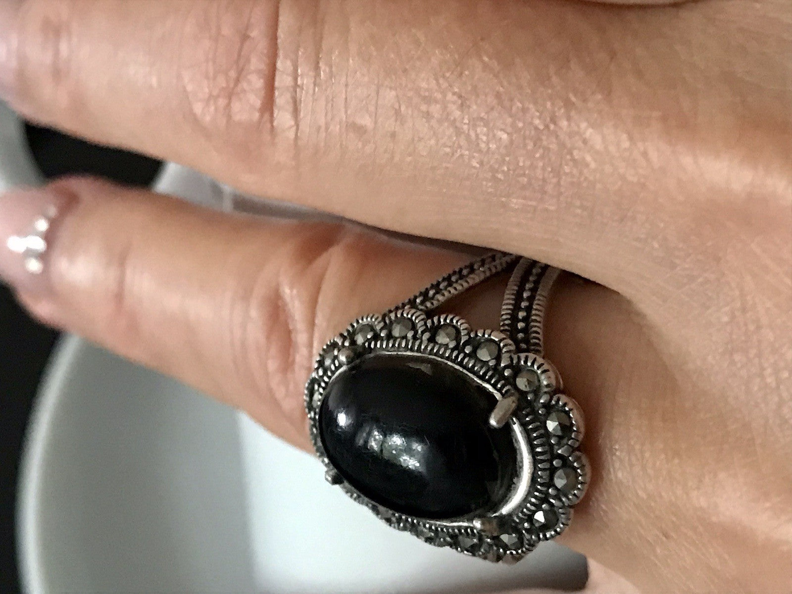 Antik? alt Art Déco Edel Onyx Markasite DAMEN RING Silber 925 Gr.57 18,1