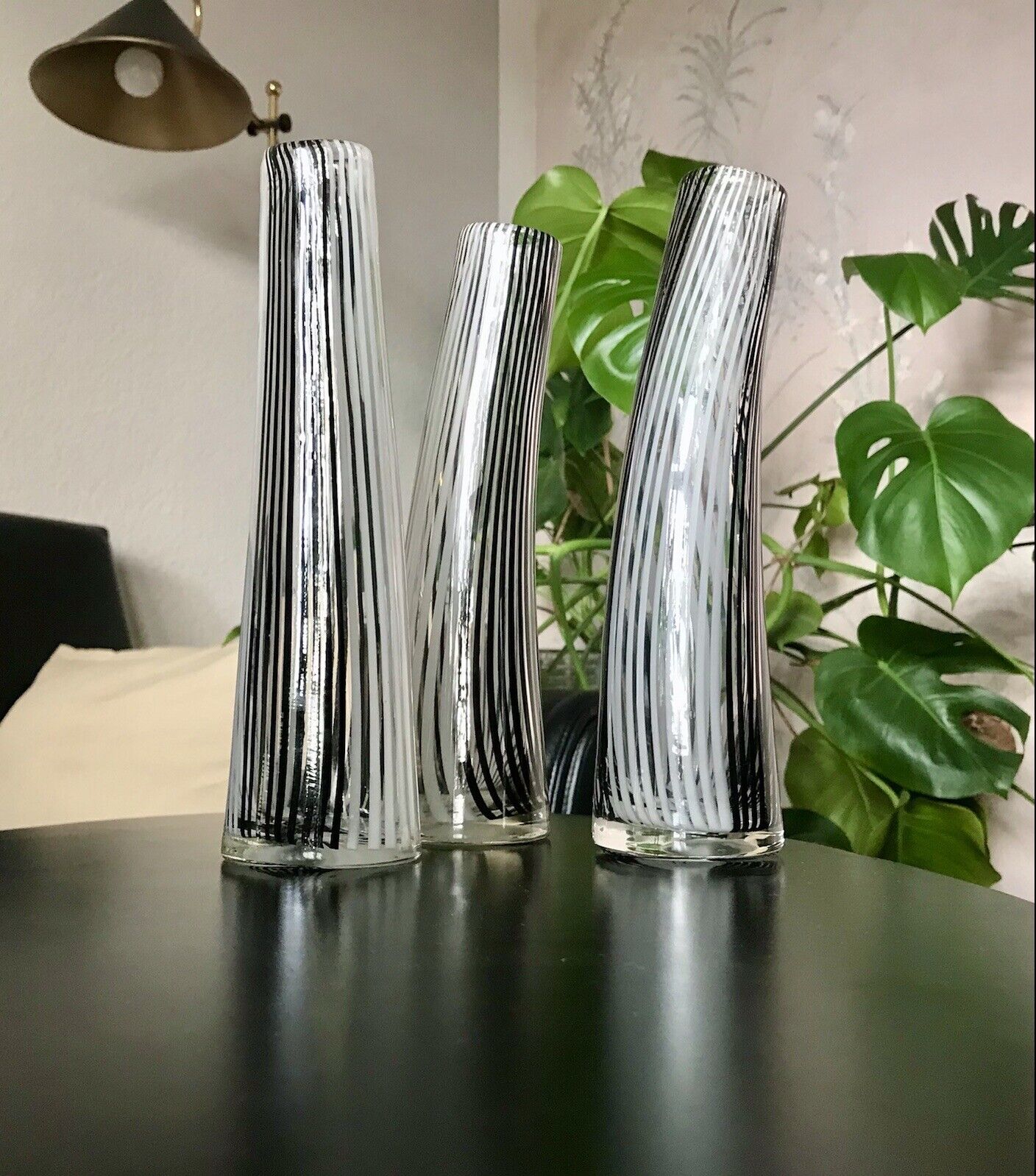 Vintage 3x Dino Martens Vase Glasvase Bianca Nero Streifen Glaskunst Murano