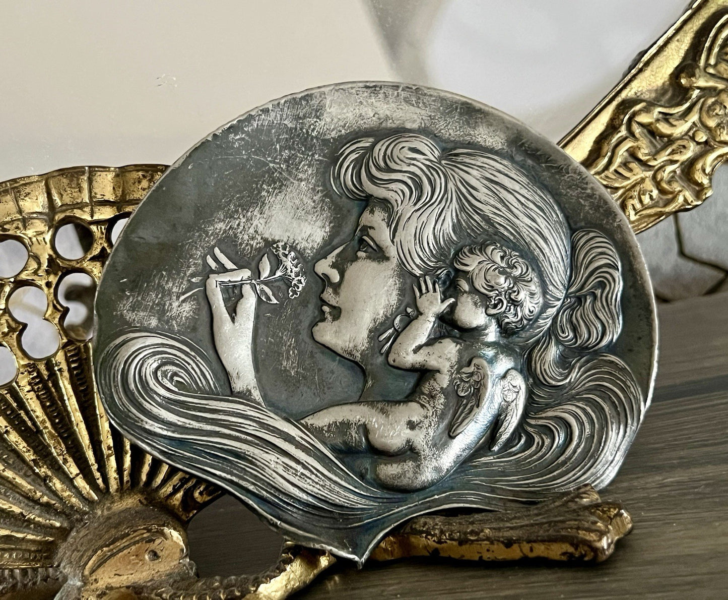Antik versilbert WMF Schale Schmuckschale Jugendstil ~1900 Motiv: Elfe mur Putto