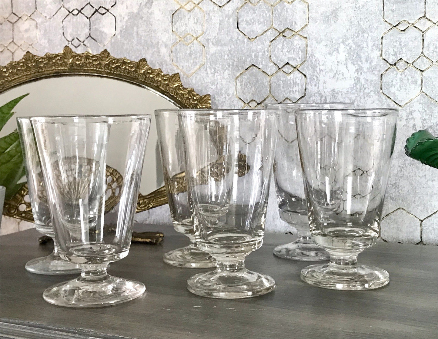 Antik 6 Fußbecher Becher Weinglas Pokalglas Glas ~ 1900 Eichstrich mundgeblasen