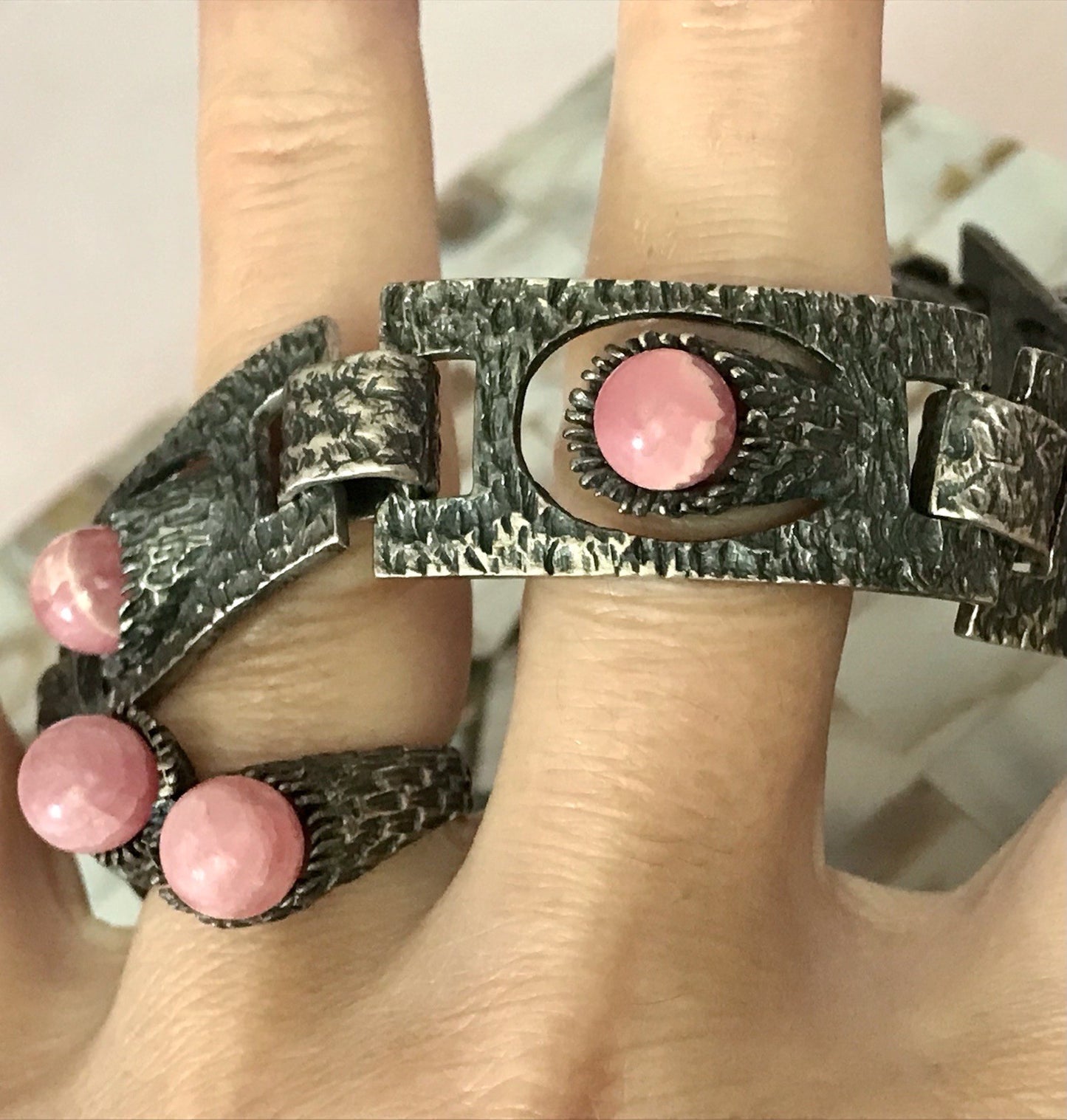 Vintage Schmuck Set 60er Designer Armband Ring Modernist 925 Silber Rosenquarz