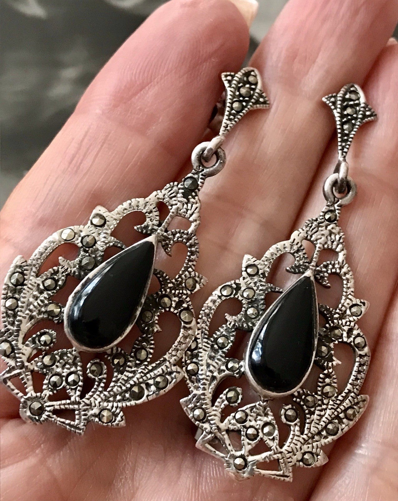 Antik Art Déco Wundervoll Ohrhänger Ohrringe DAMEN Silber 925 Onyx Markasite