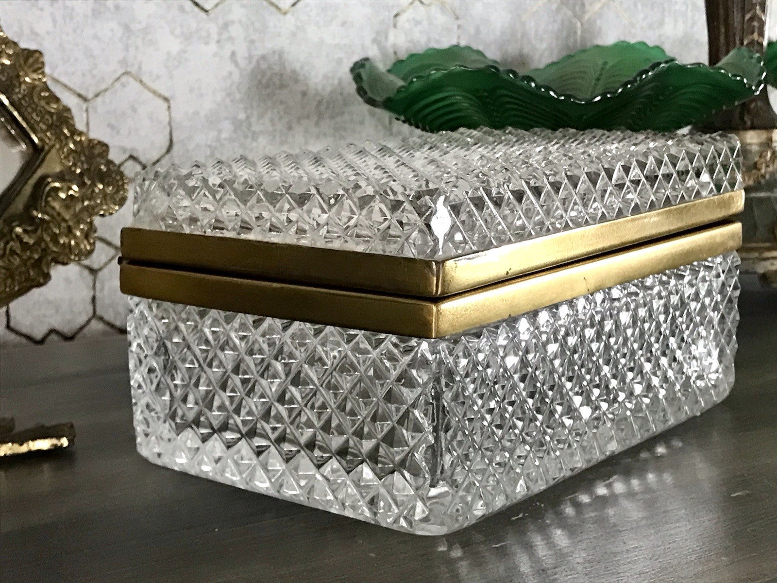 Antik Art Dèco Vintage EDEL Schatulle Deckeldose Bleikristall groß Messingrahmen